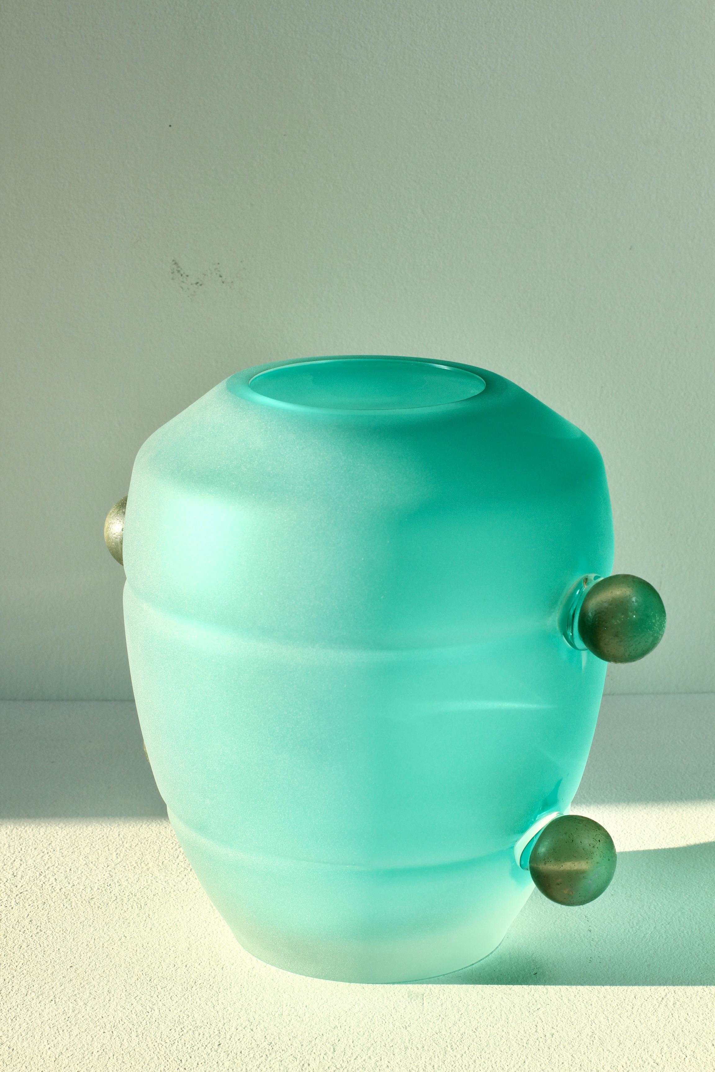 Blown Glass Seguso Mid-Century Modern Large Textured Italian Green Murano Glass Vase 1980s For Sale