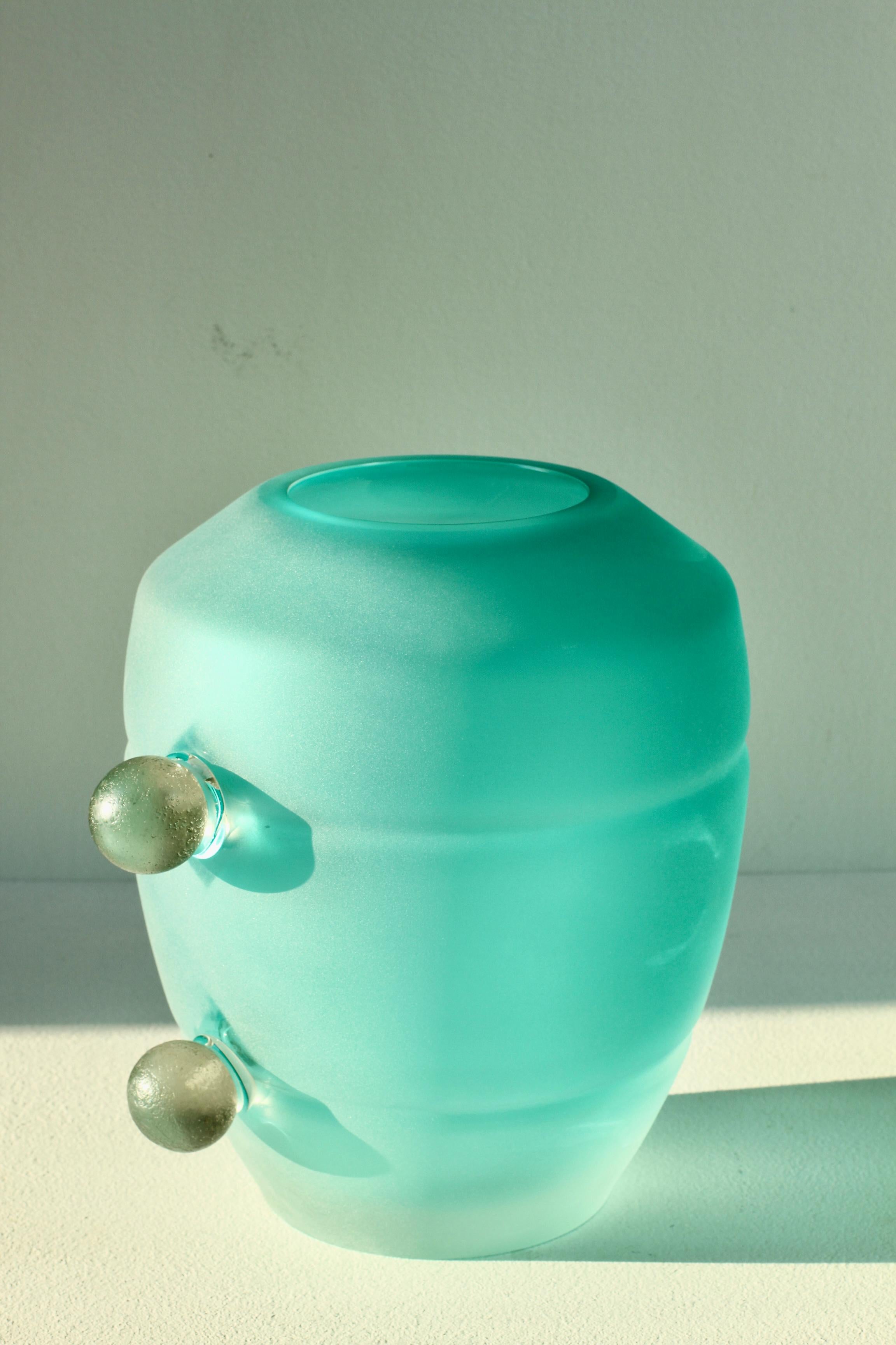 Seguso Mid-Century Modern Large Textured Italian Green Murano Glass Vase 1980s (Geblasenes Glas) im Angebot