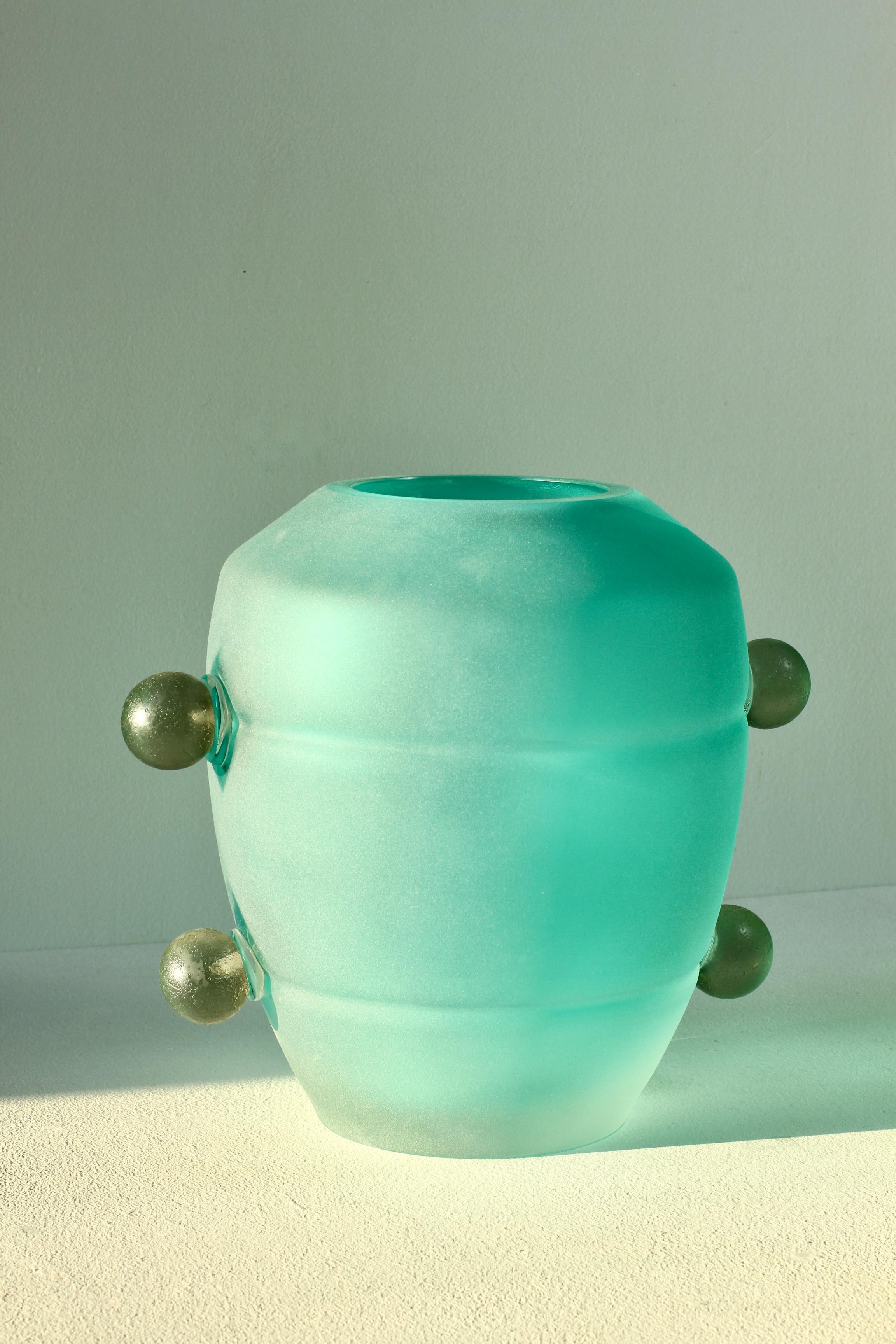 Seguso Mid-Century Modern Large Textured Italian Green Murano Glass Vase 1980s im Angebot