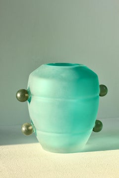 Retro Seguso Mid-Century Modern Large Textured Italian Green Murano Glass Vase 1980s
