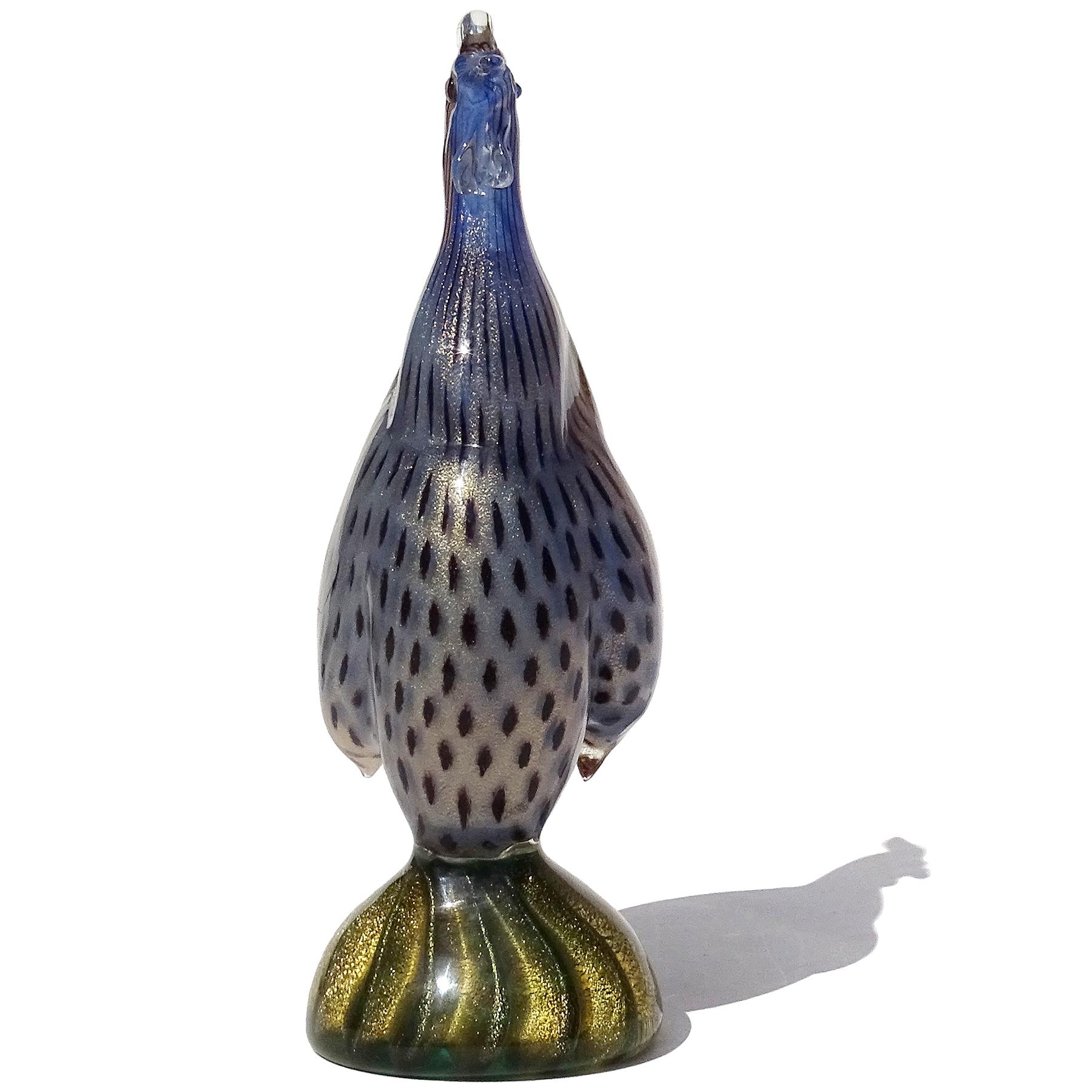 Seguso Murano 1950s Blue Gold Flecks Italian Art Glass Guinea Bird Sculpture In Good Condition In Kissimmee, FL