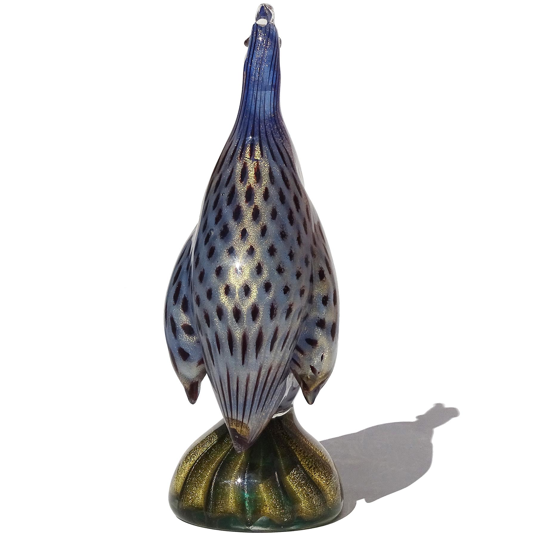 Seguso Murano 1950s Blue Gold Flecks Italian Art Glass Guinea Bird Sculpture 1