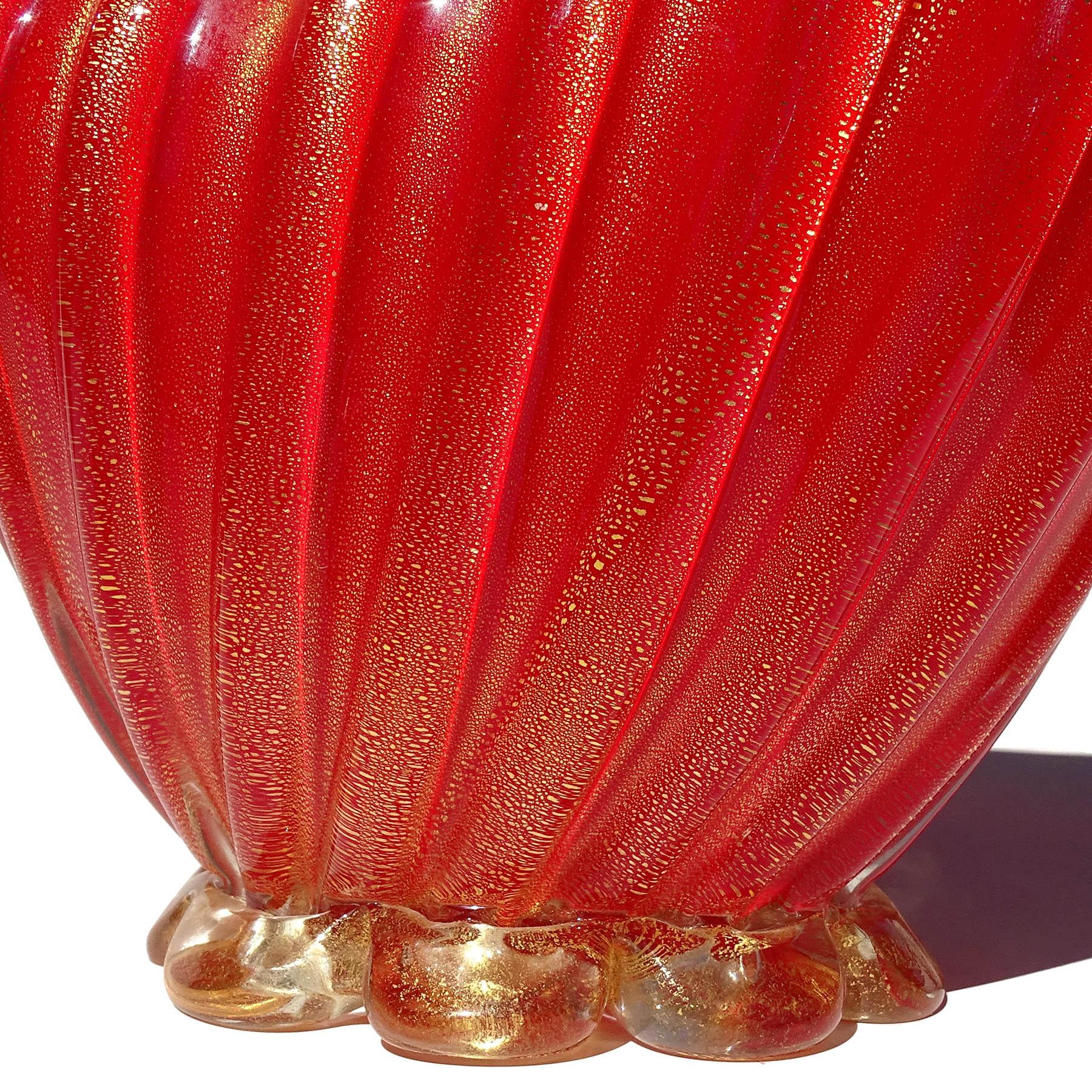 Seguso Murano 1950s Coral Red Gold Flecks Italian Art Glass Flower Basket Vase For Sale 5