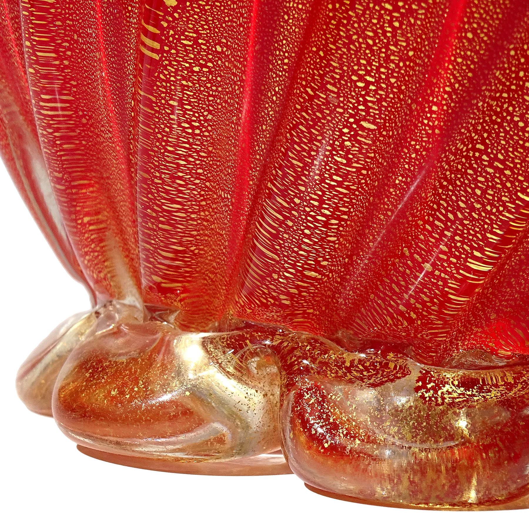 Seguso Murano 1950s Coral Red Gold Flecks Italian Art Glass Flower Basket Vase For Sale 6