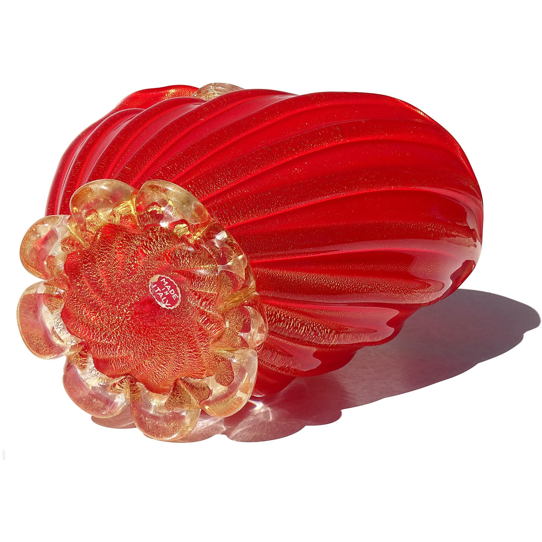 Seguso Murano 1950s Coral Red Gold Flecks Italian Art Glass Flower Basket Vase For Sale 7