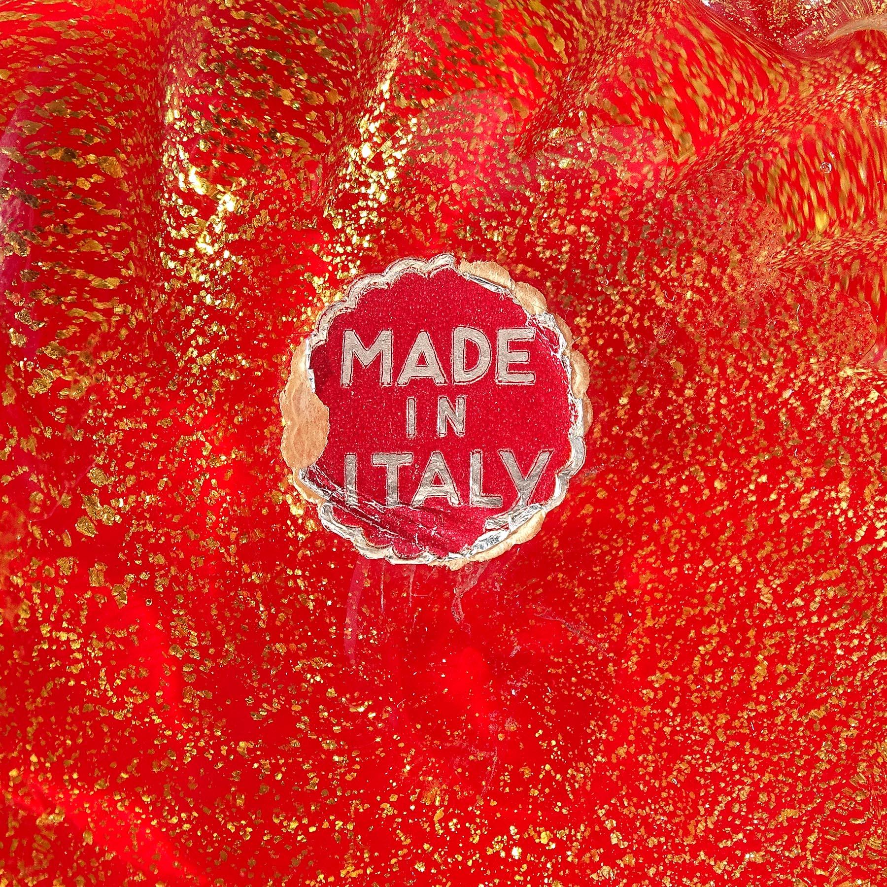 Seguso Murano 1950s Coral Red Gold Flecks Italian Art Glass Flower Basket Vase en vente 6