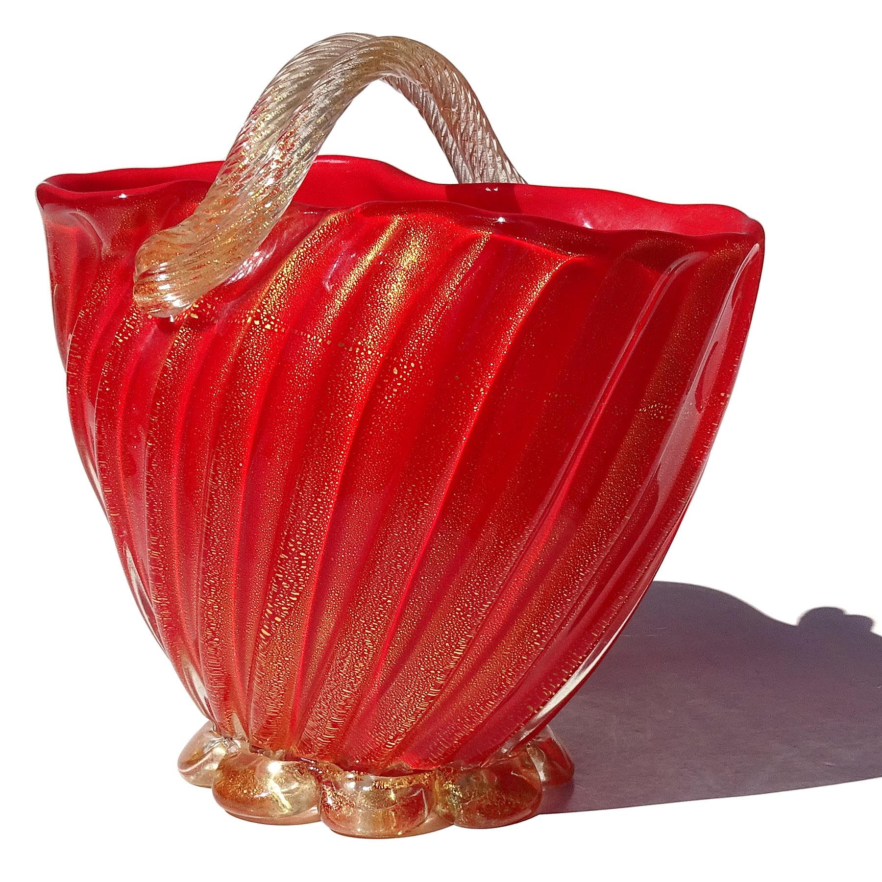 Mid-Century Modern Seguso Murano 1950s Coral Red Gold Flecks Italian Art Glass Flower Basket Vase For Sale