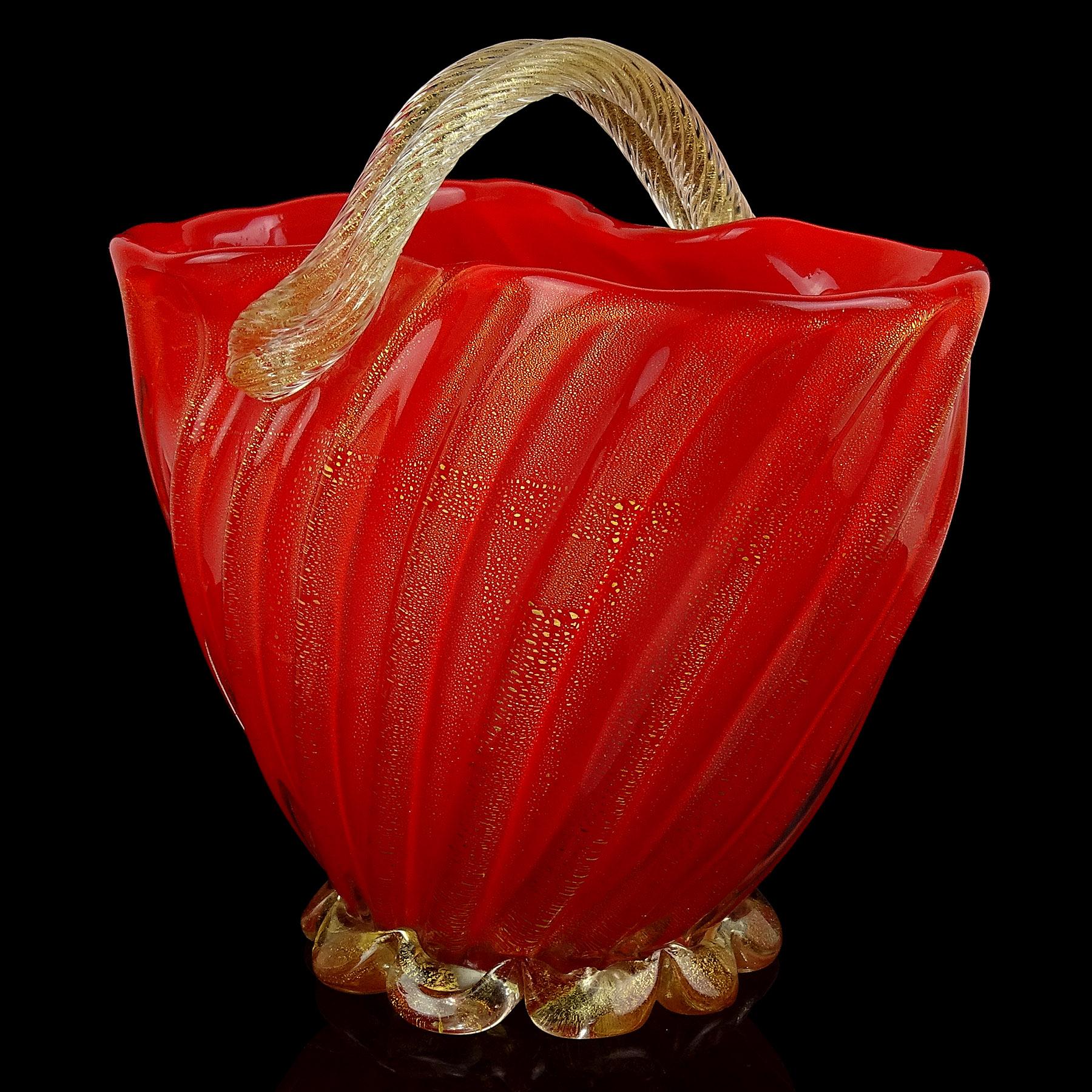 Hand-Crafted Seguso Murano 1950s Coral Red Gold Flecks Italian Art Glass Flower Basket Vase For Sale