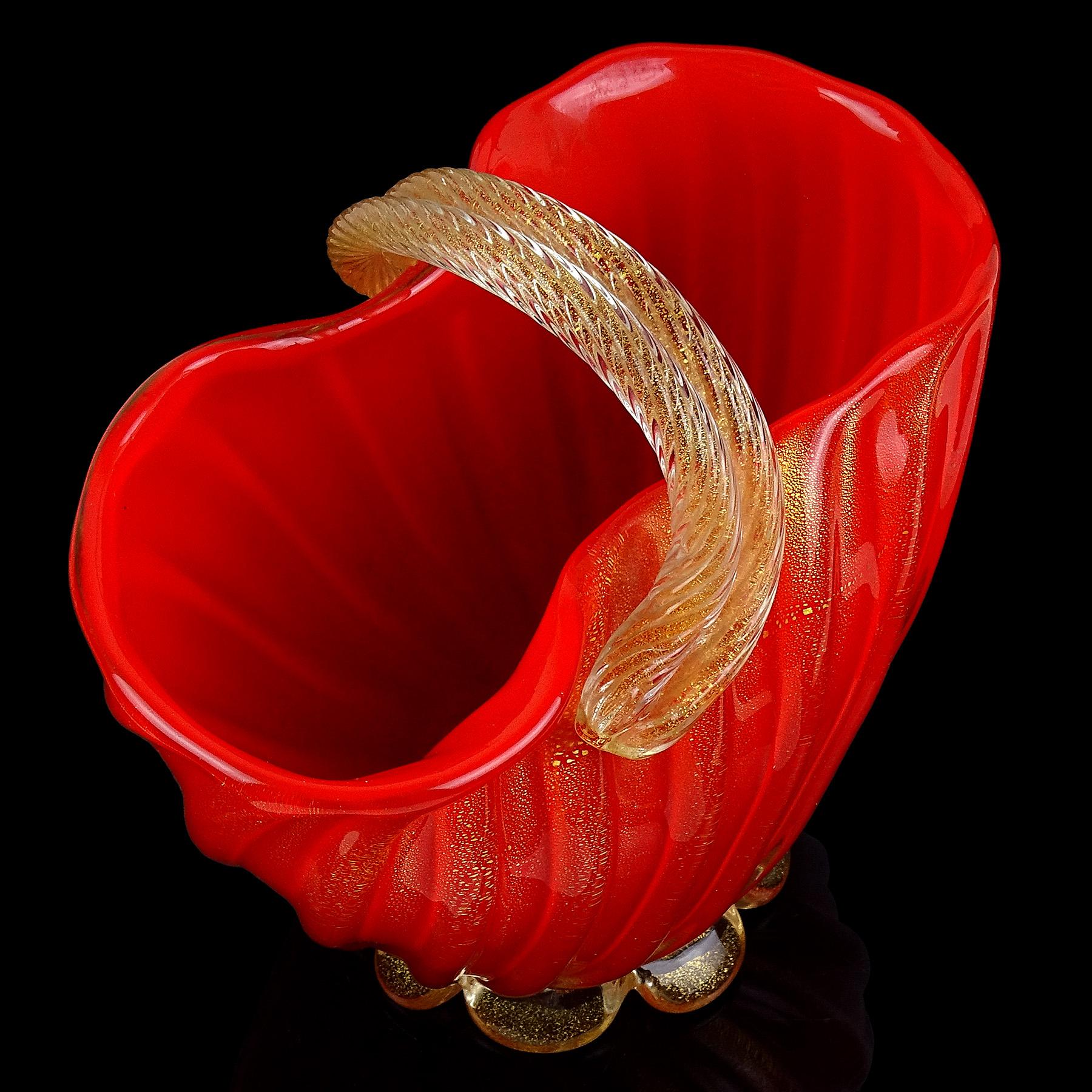20th Century Seguso Murano 1950s Coral Red Gold Flecks Italian Art Glass Flower Basket Vase For Sale