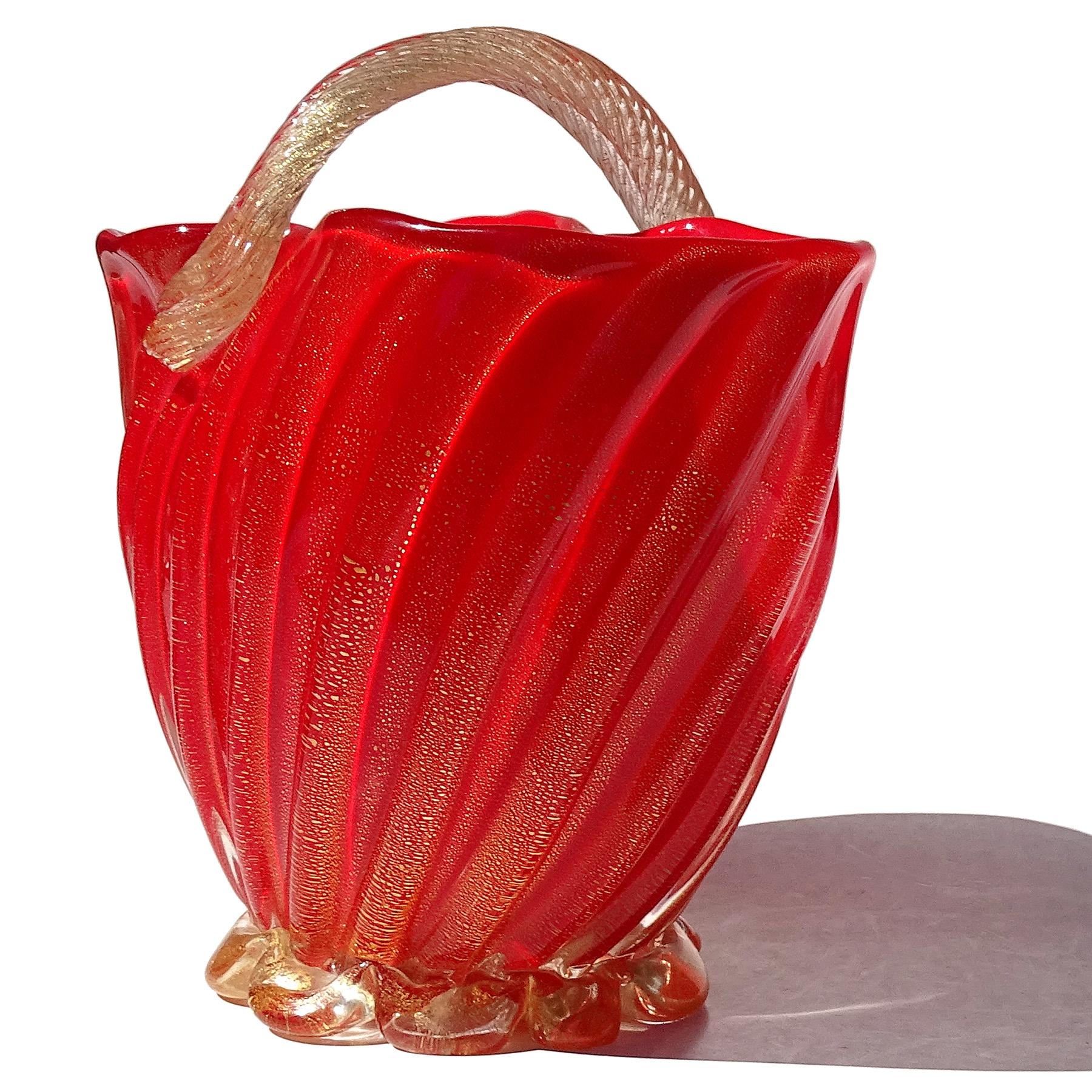 Seguso Murano 1950s Coral Red Gold Flecks Italian Art Glass Flower Basket Vase For Sale 1