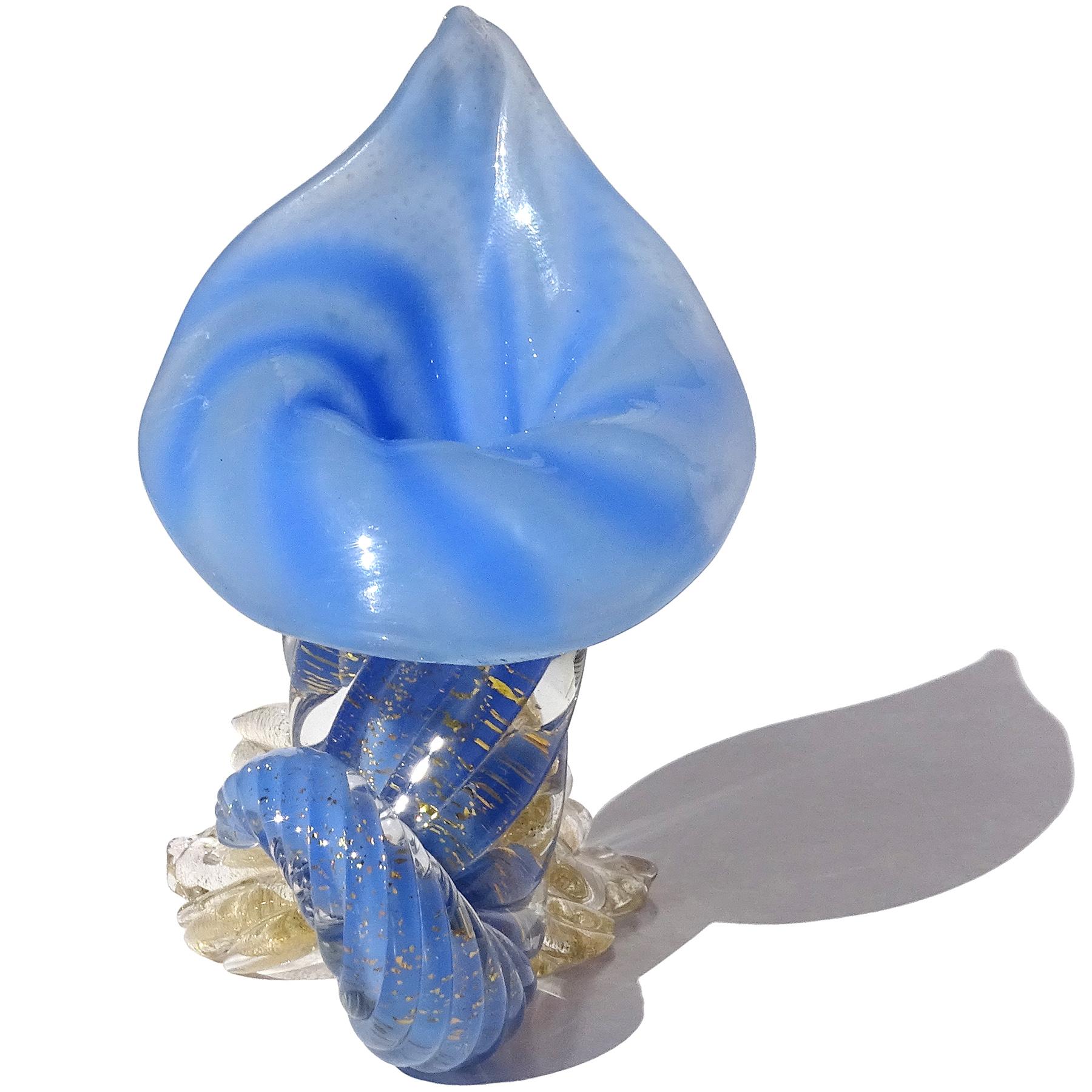 Jarrón Cornucopia de vidrio artístico italiano Seguso Murano 1950 Moteado de oro Azul ópalo Italiano en venta