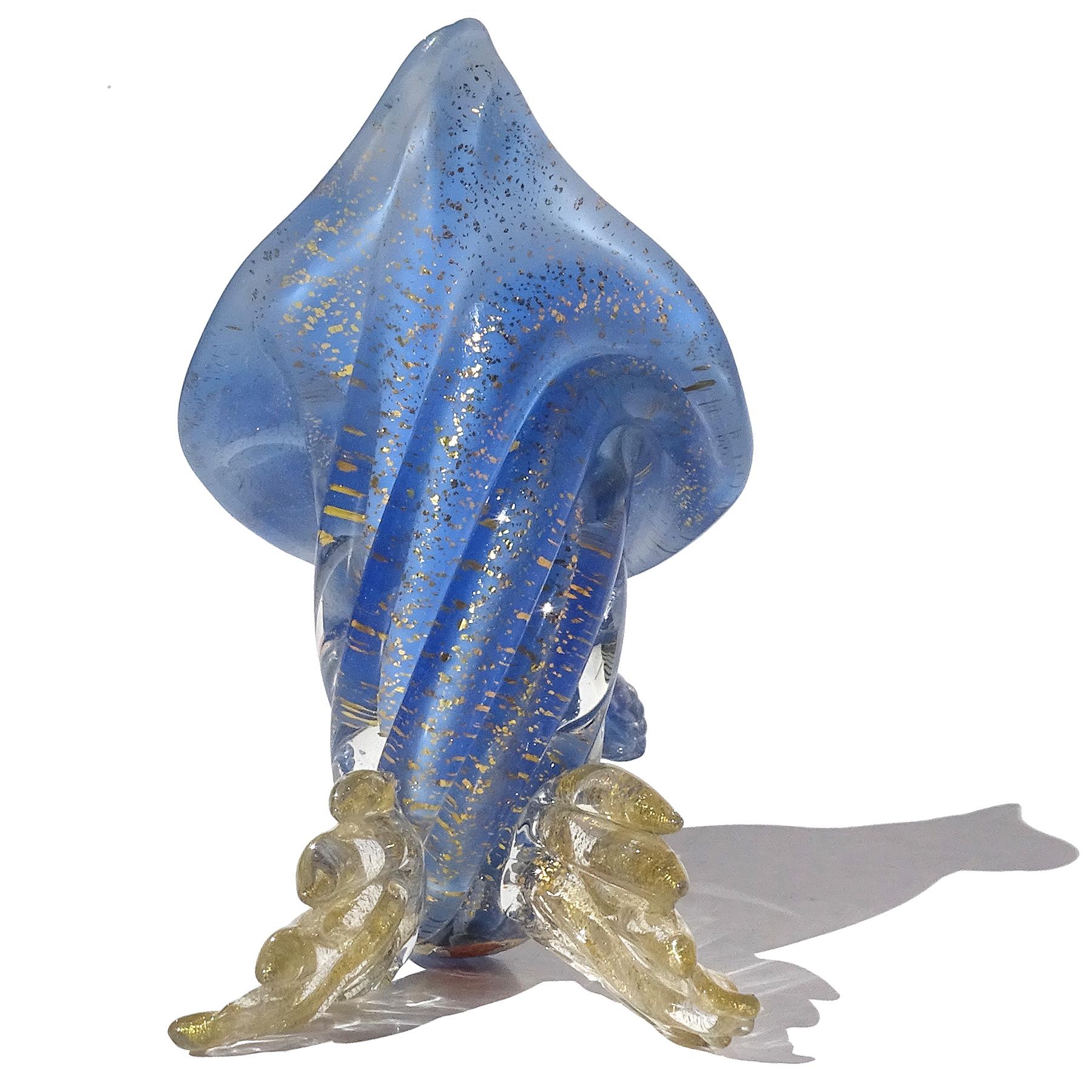 Jarrón Cornucopia de vidrio artístico italiano Seguso Murano 1950 Moteado de oro Azul ópalo Hecho a mano en venta