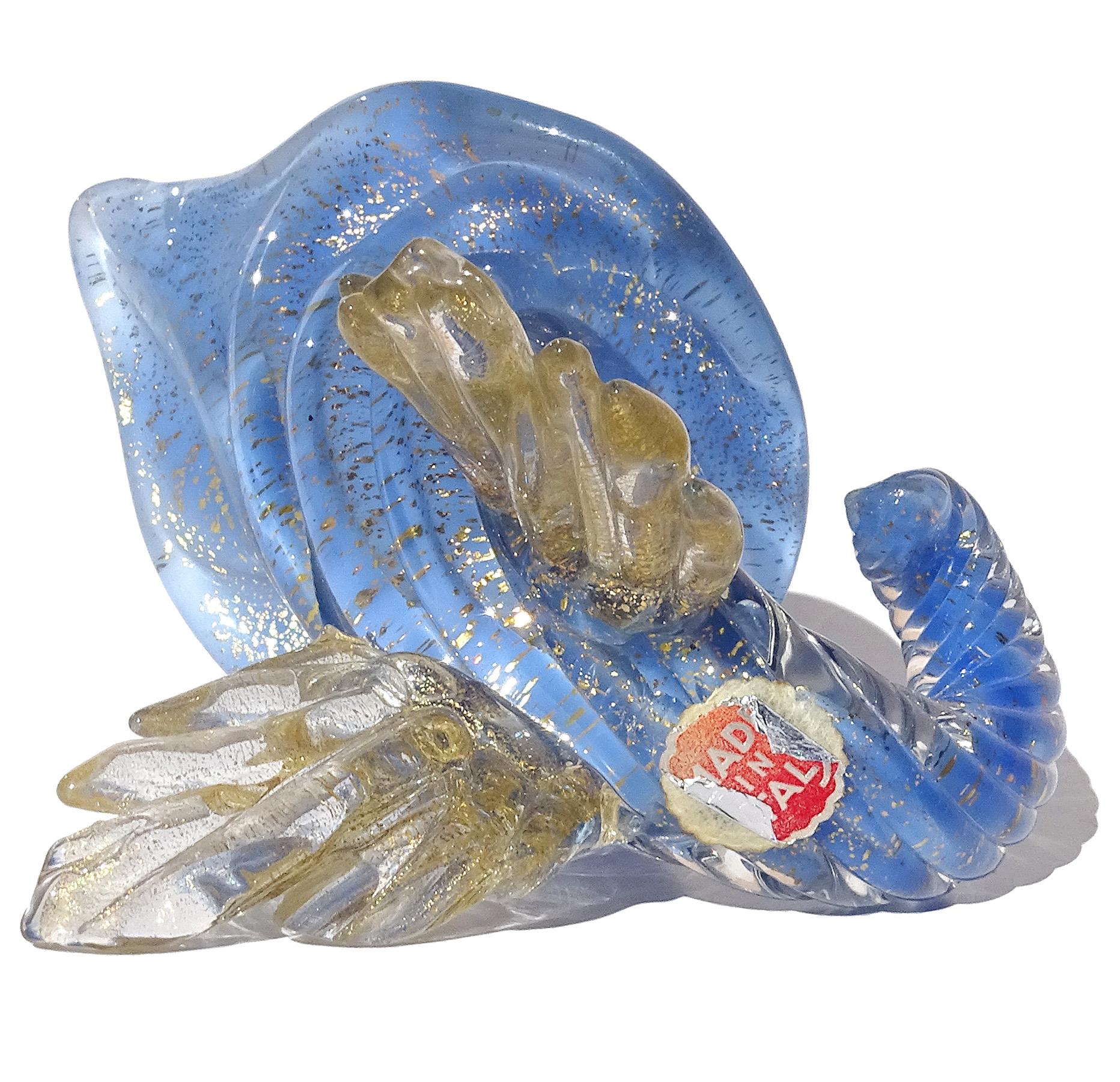 Jarrón Cornucopia de vidrio artístico italiano Seguso Murano 1950 Moteado de oro Azul ópalo en venta 1