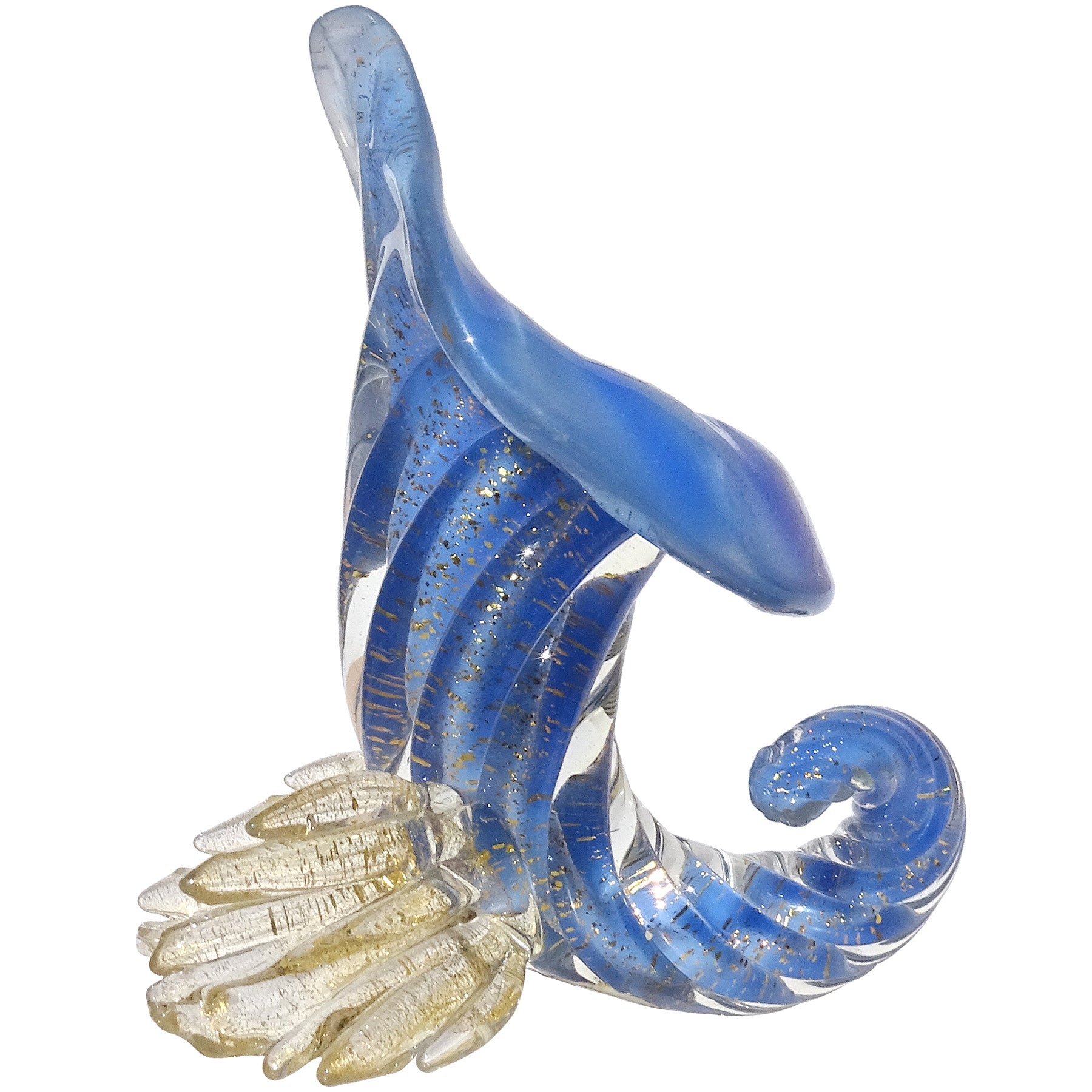 Seguso Murano 1950s Gold Flecks Opal Blue Italian Art Glass Cornucopia Vase