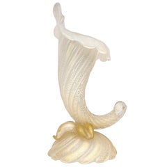 Seguso Murano 1950s Gold Flecks Opal White Italian Art Glass Cornucopia Vase
