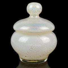 Seguso Murano 1950s Oro Flecks Opalescente Blanco Arte Italiano Vidrio Tarro Vanidad