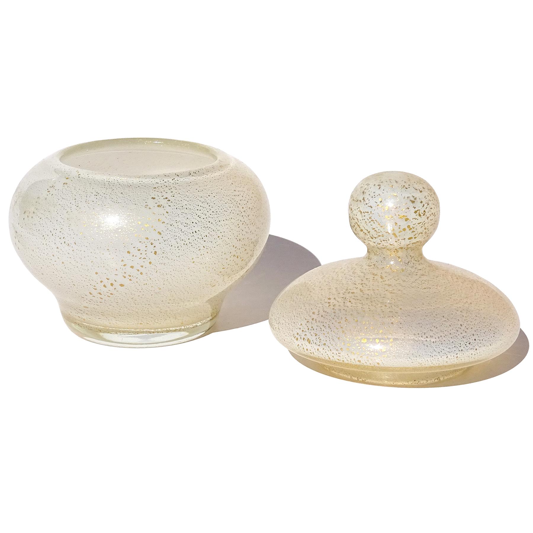 Hand-Crafted Seguso Murano 1950s Gold Flecks Opalescent White Italian Art Glass Vanity Jar For Sale