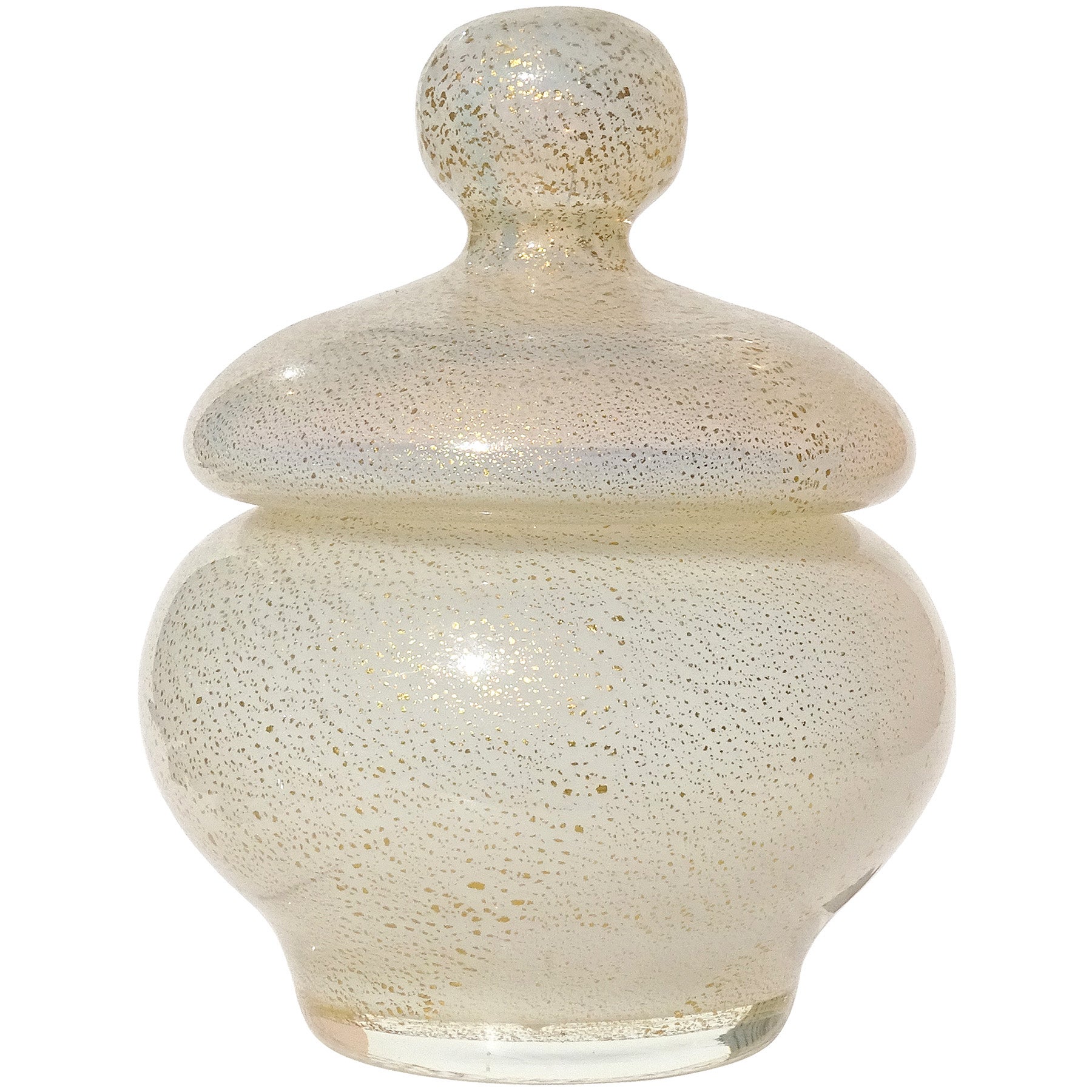Seguso Murano 1950s Gold Flecken Opalescent Weiß Italienisch Kunst Glas Vanity Jar im Angebot