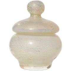 Seguso Murano 1950s Gold Flecks Opalescent White Italian Art Glass Vanity Jar