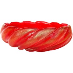 Seguso Murano 1950s Red Coral Gold Flecks Italian Art Glass Scallop Rim Bowl