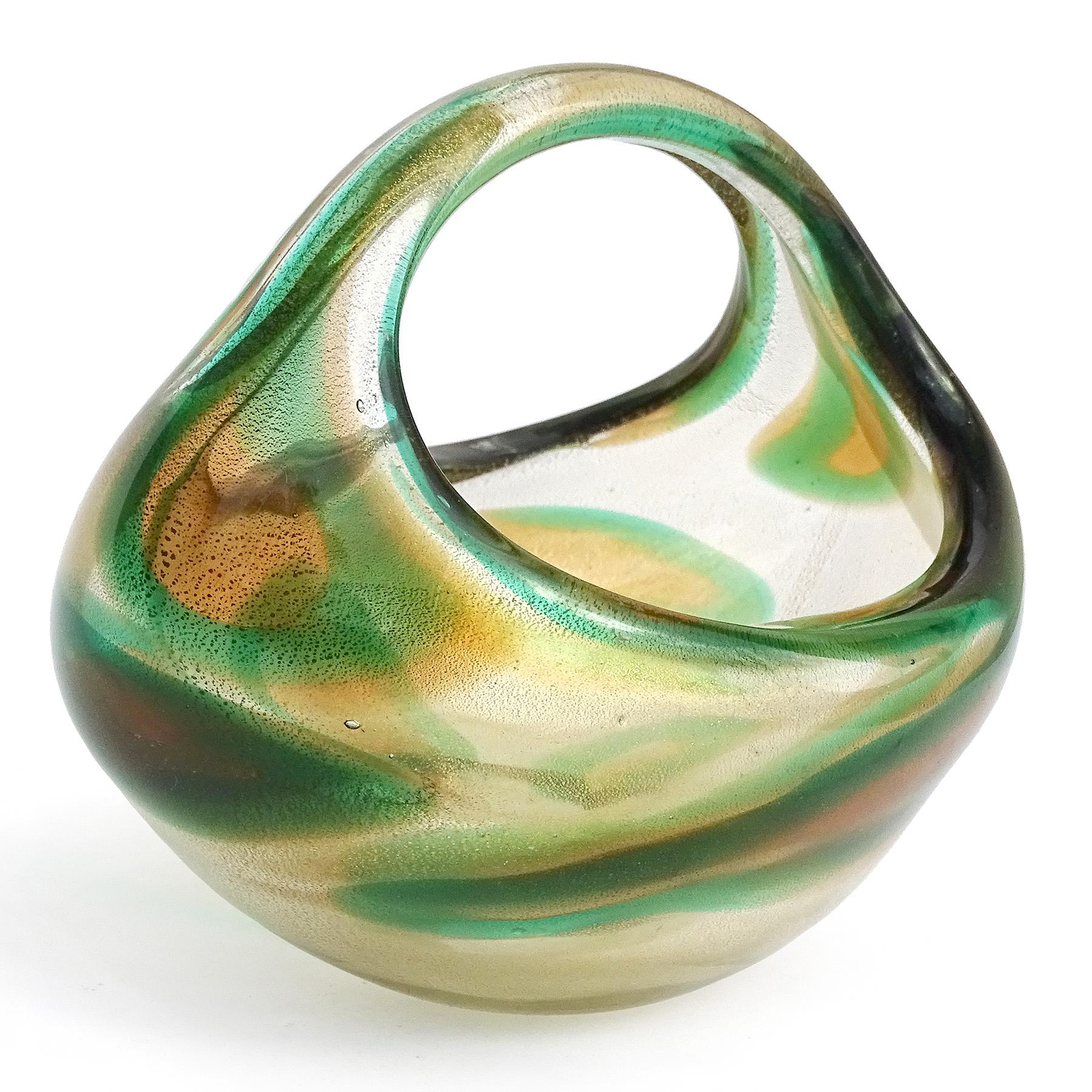 Hand-Crafted Seguso Murano 1952 Macchia Ambra Verde Gold Flecks Italian Art Glass Basket Vase