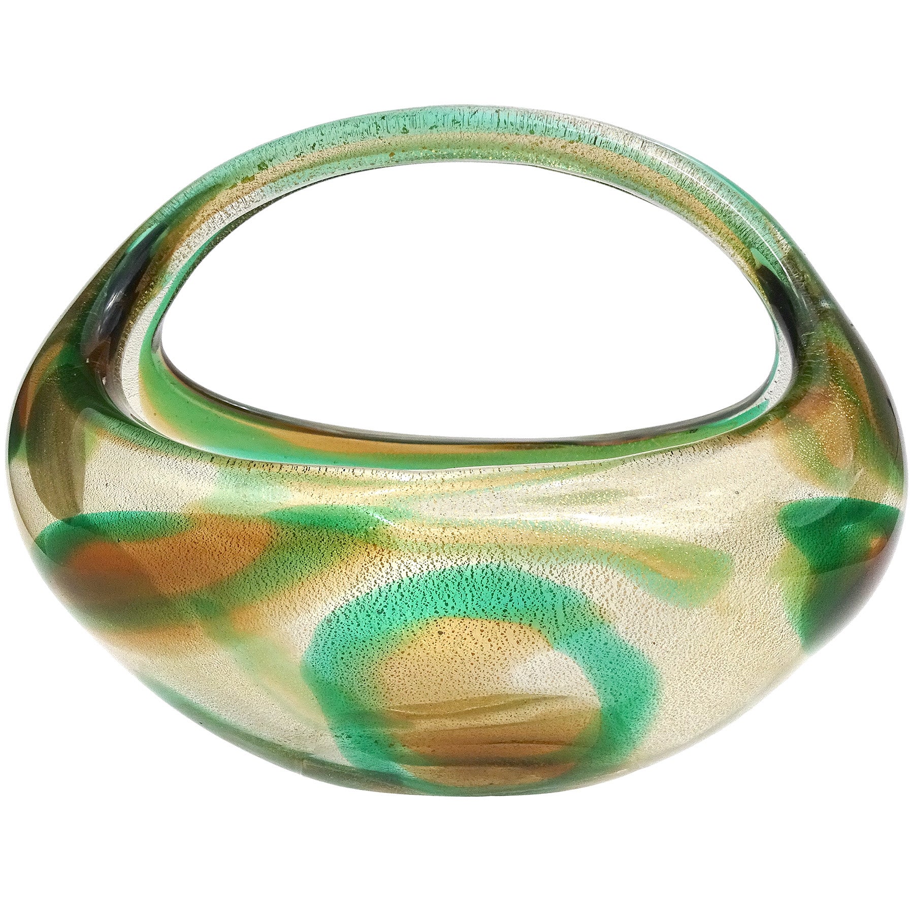 Seguso Murano 1952 Macchia Ambra Verde Gold Flecks Italian Art Glass Basket Vase