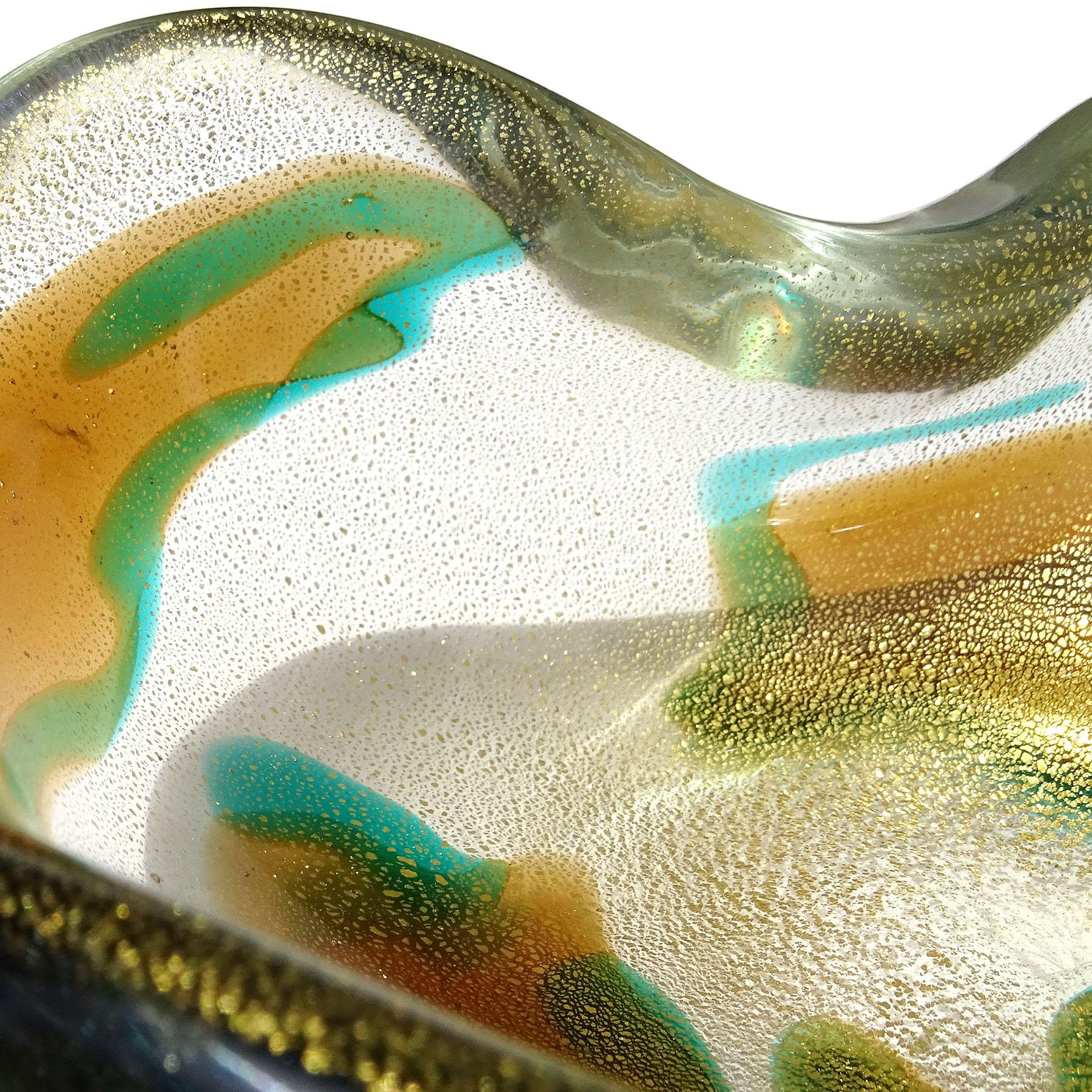 Mid-20th Century Seguso Murano 1952 Macchia Ambra Verde Gold Flecks Italian Art Glass Bowl