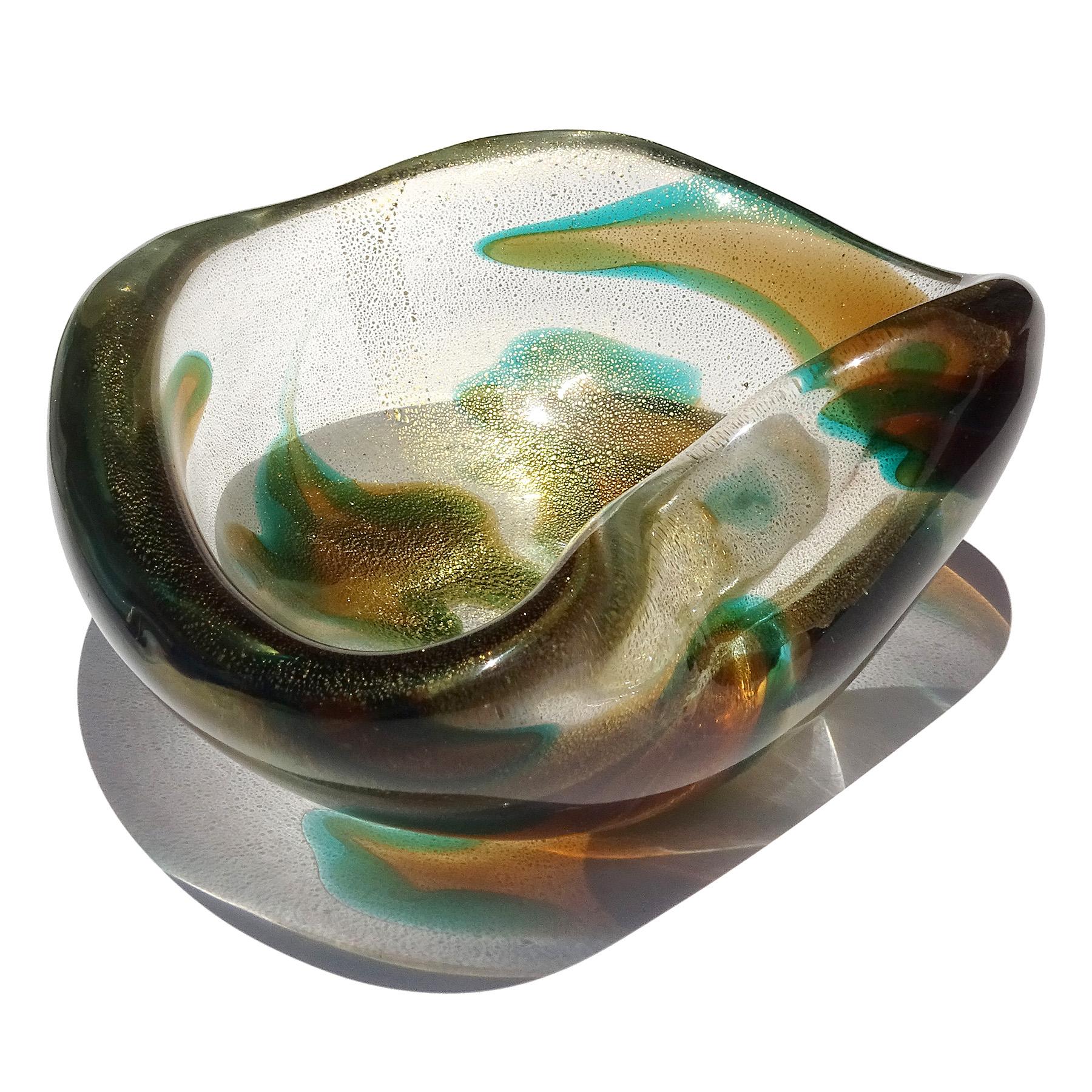 Seguso Murano 1952 Macchia Ambra Verde Gold Flecks Italian Art Glass Bowl 1