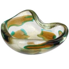 Vintage Seguso Murano 1952 Macchia Ambra Verde Gold Flecks Italian Art Glass Bowl