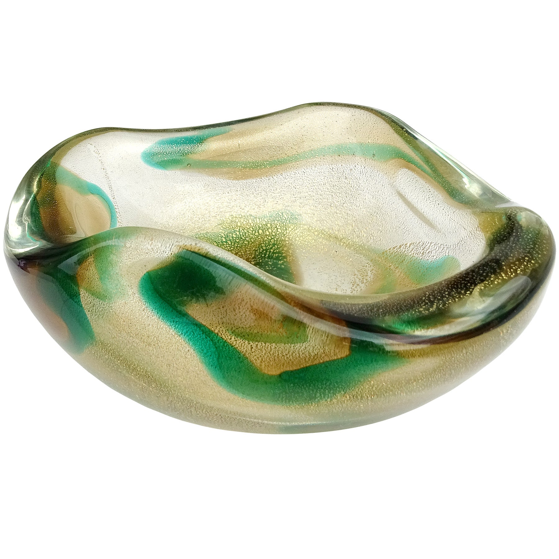 Seguso Murano 1952 Macchia Ambra Verde Gold Flecks Italian Art Glass Bowl For Sale