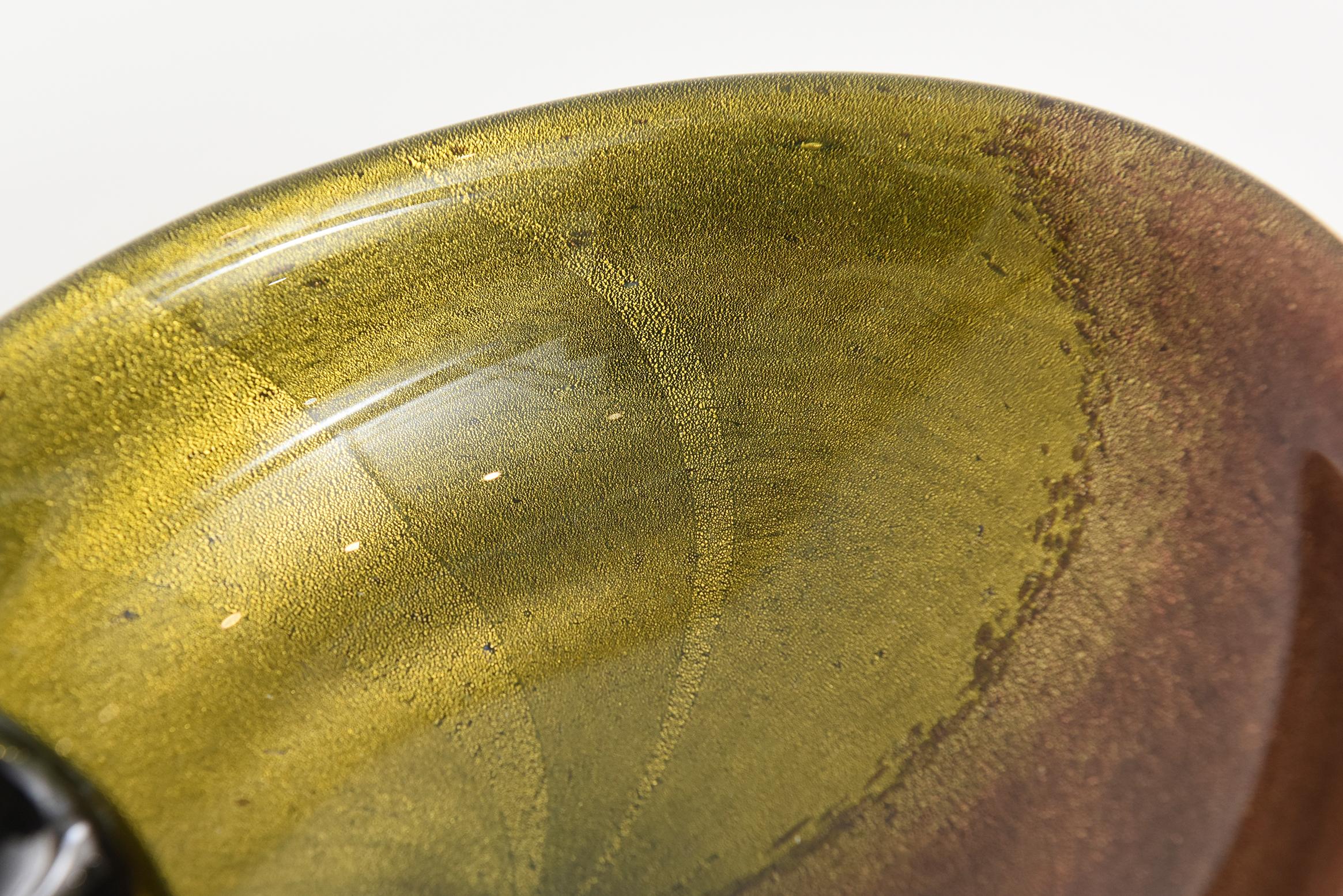 Blown Glass Seguso Murano Amethyst, Aubergine, Charteuse and Gold Aventurine Glass Bowl