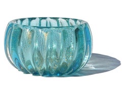 Seguso Murano Aqua Blue Gold Flecks Italian Art Glass Sommerso Ribbed Vide Poche