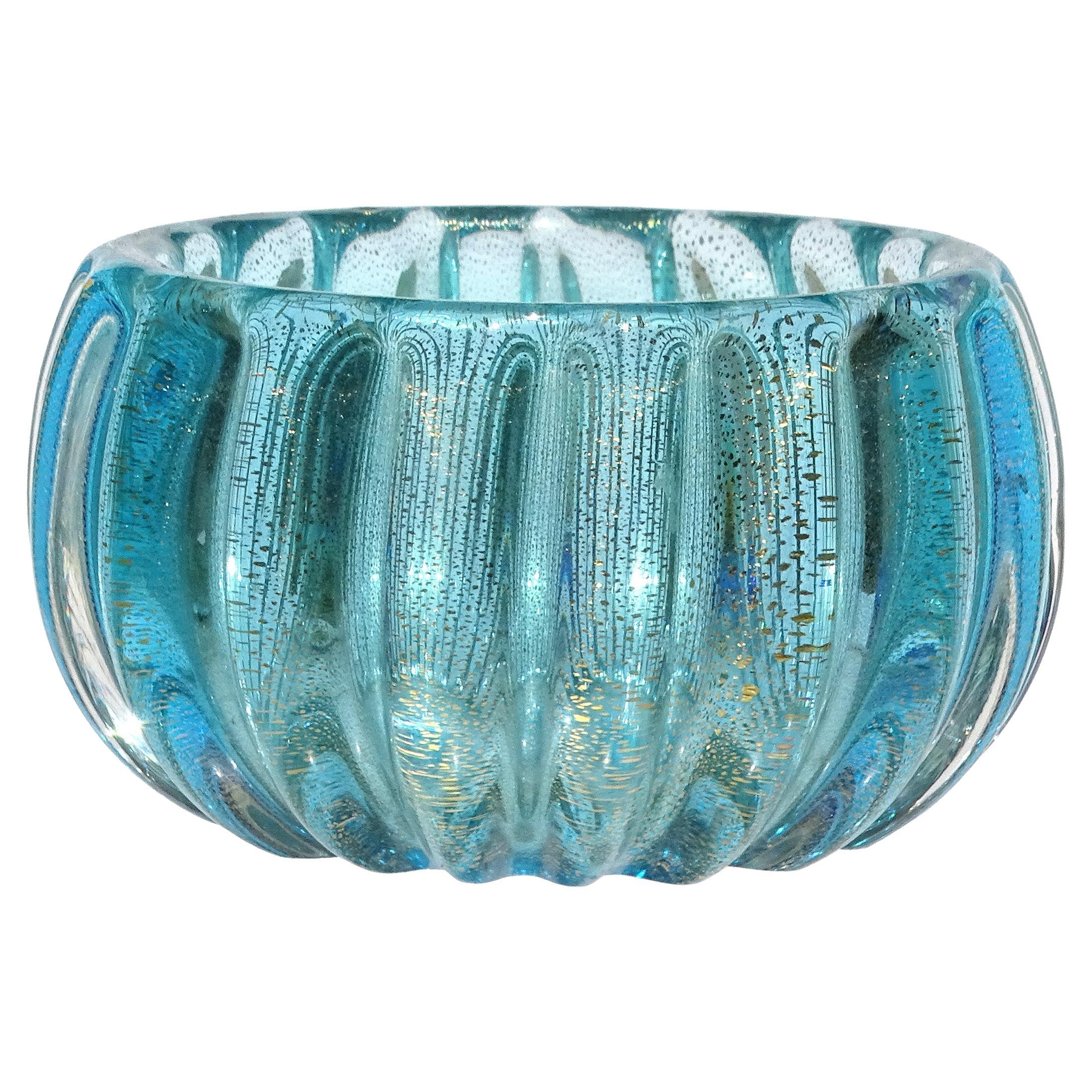 Seguso Murano Aqua Blue Gold Flecks Italian Art Glass Sommerso Ribbed Vide Poche