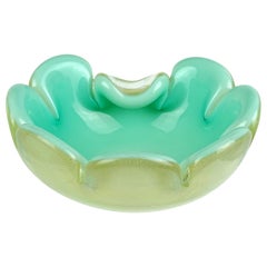 Vintage Seguso Murano Aqua Green, Celadon Gold Flecks Italian Art Glass Flower Bowl Dish