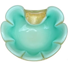 Seguso Murano Aqua Green Celadon Gold Flecks Italian Art Bowl Flower Dishl