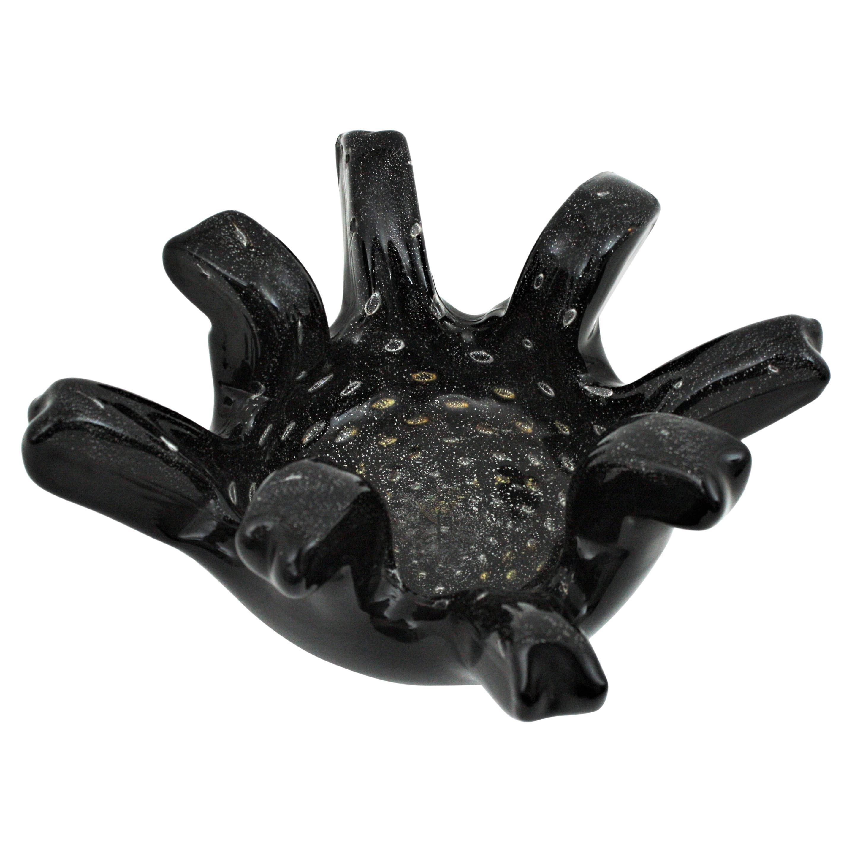 Seguso Murano Black Gold & Silver Flecks Art Glass Centerpiece Bowl For Sale