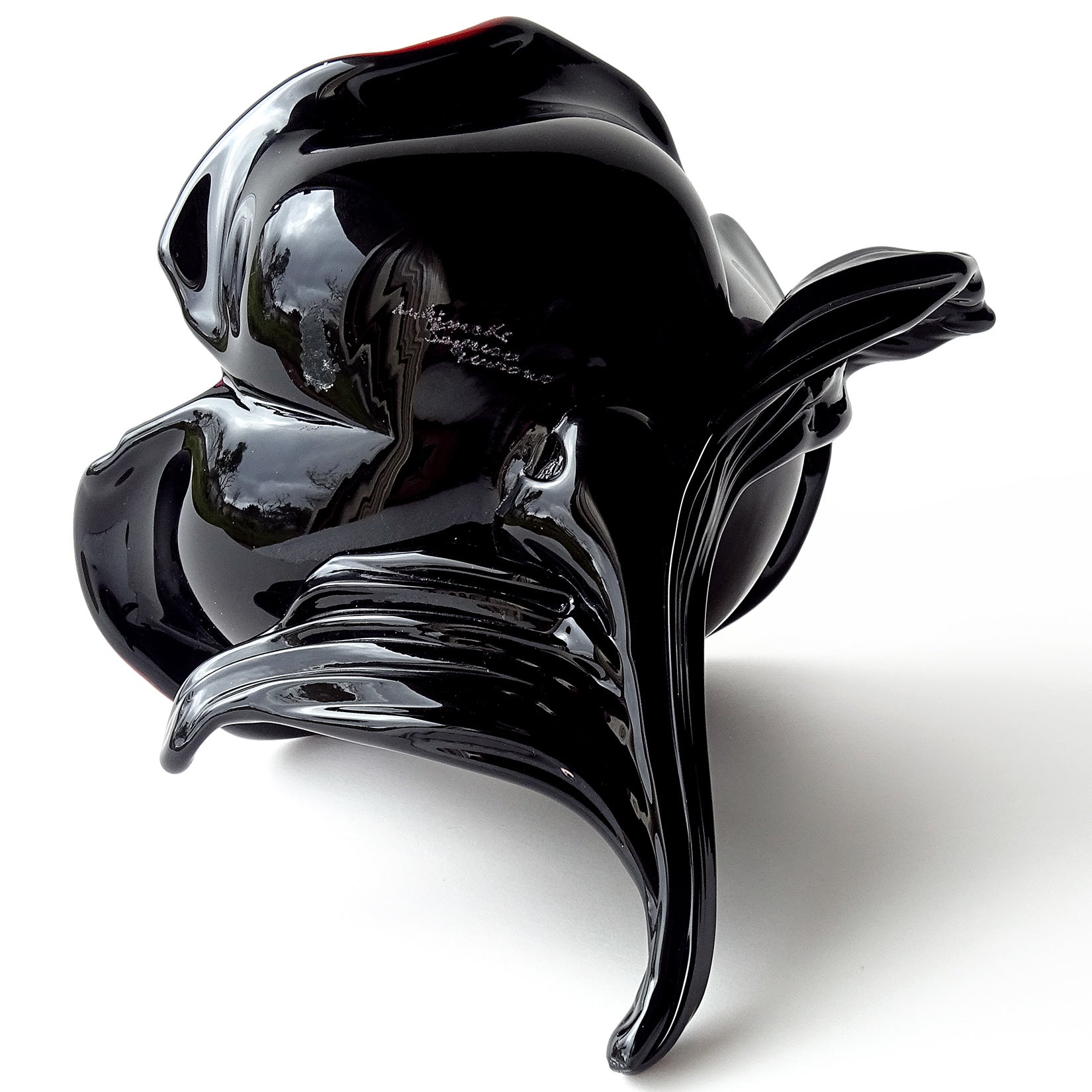 Rare, and beautiful, vintage Murano hand blown black and red bands Italian art glass flower sculpture. Documented, and signed by designer Archimede Seguso, circa 1970-1980. The signature underneath reads 