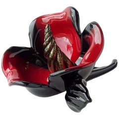 Seguso Murano Black Red Gold Leaf Italian Art Glass Decorative Flower Sculpture