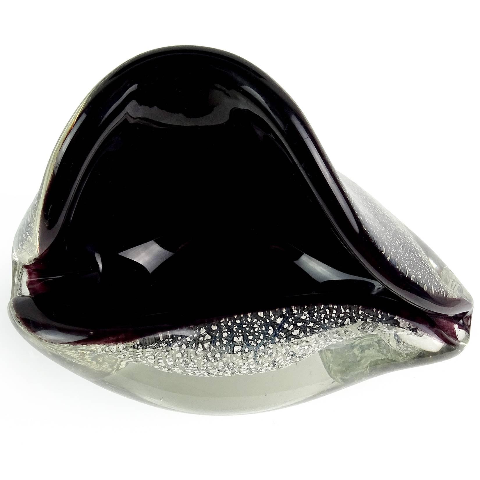 Mid-Century Modern Seguso Murano Black Silver Flecks Italian Art Glass Conch Shell Sculpture Bowl
