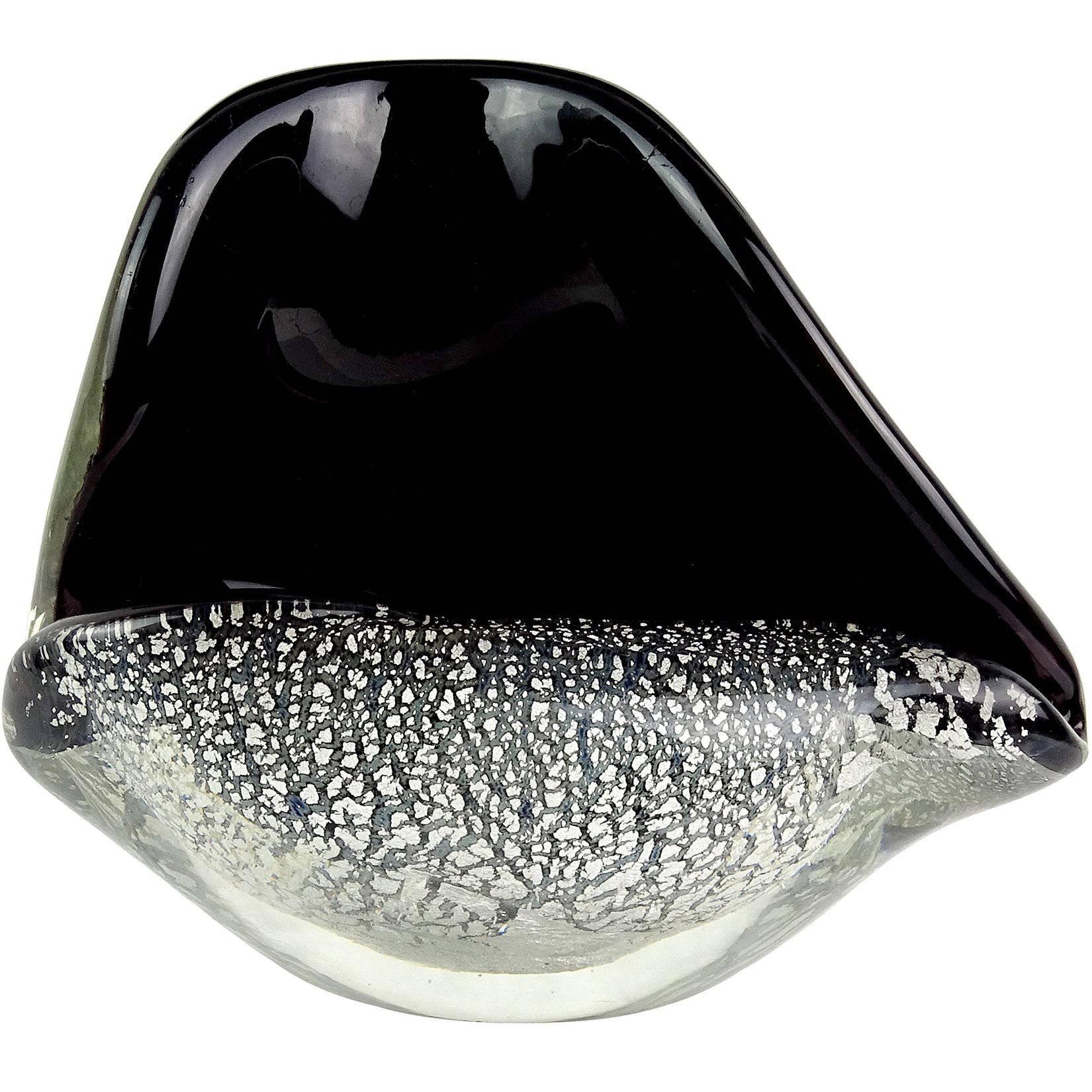 Seguso Murano Black Silver Flecks Italian Art Glass Conch Shell Sculpture Bowl