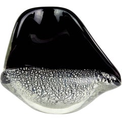 Seguso Murano Black Silver Flecks Italian Art Glass Conch Shell Sculpture Bowl