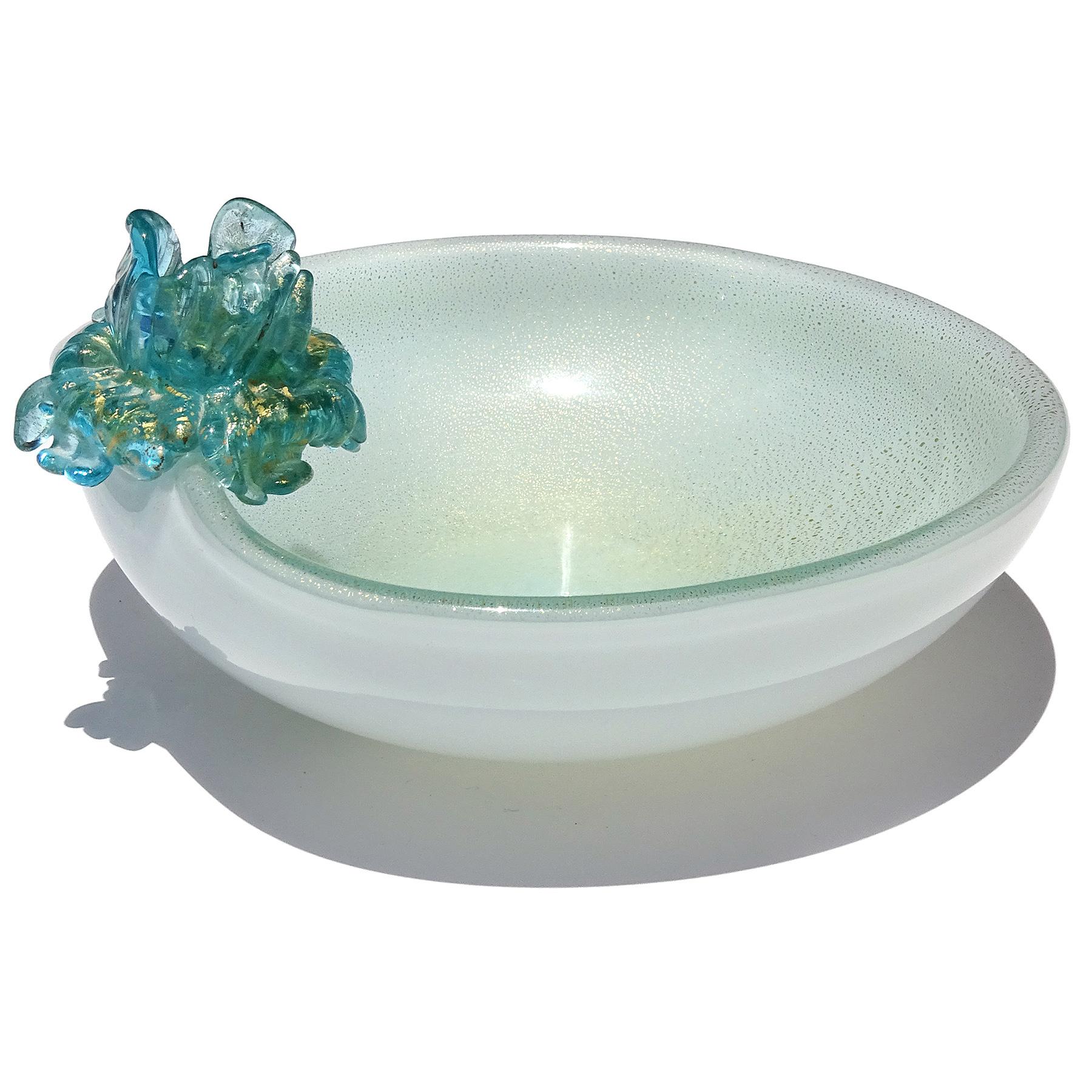 Mid-Century Modern Seguso Murano Blue Applied Flower Gold Flecks Italian Art Glass Decorative Bowl