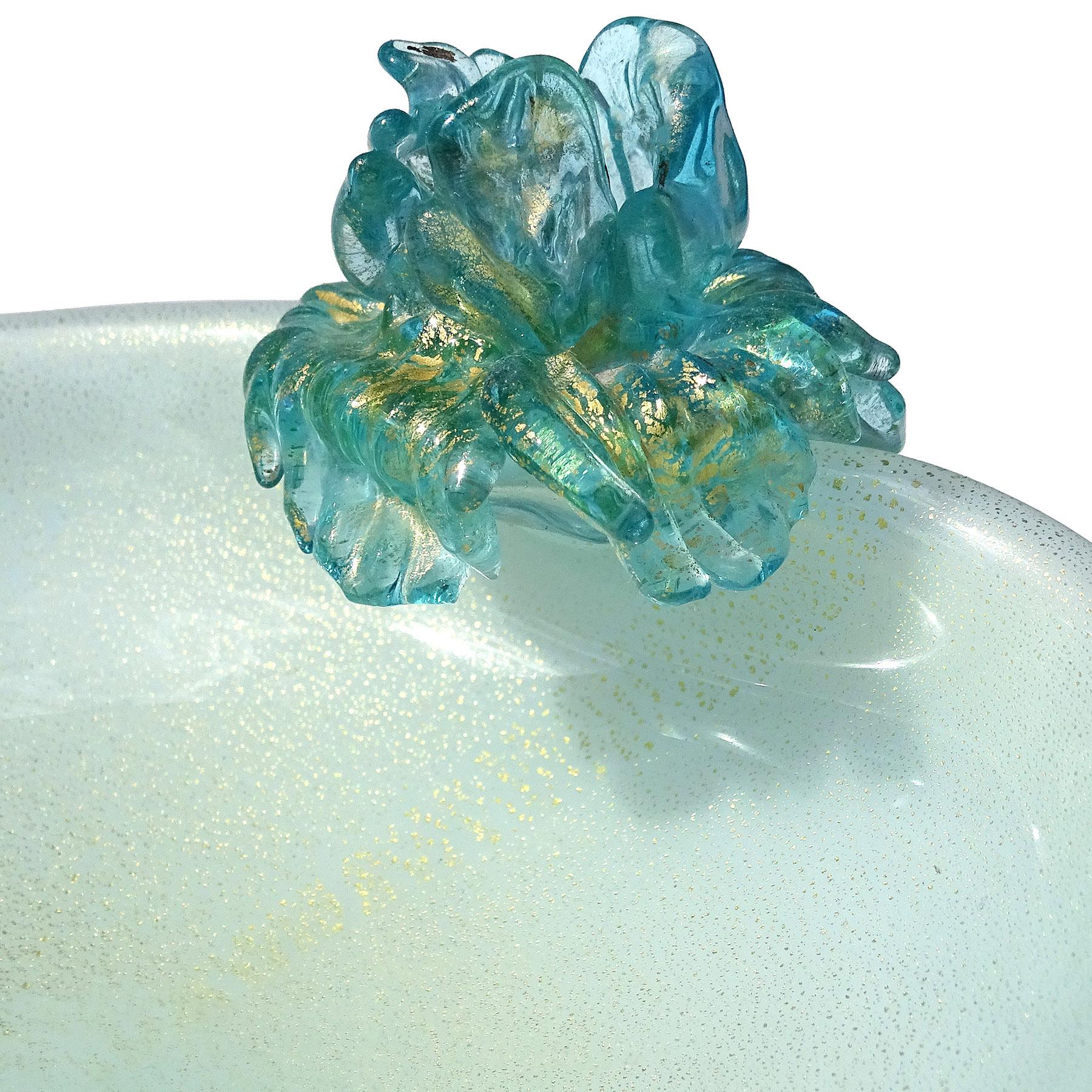 Hand-Crafted Seguso Murano Blue Applied Flower Gold Flecks Italian Art Glass Decorative Bowl