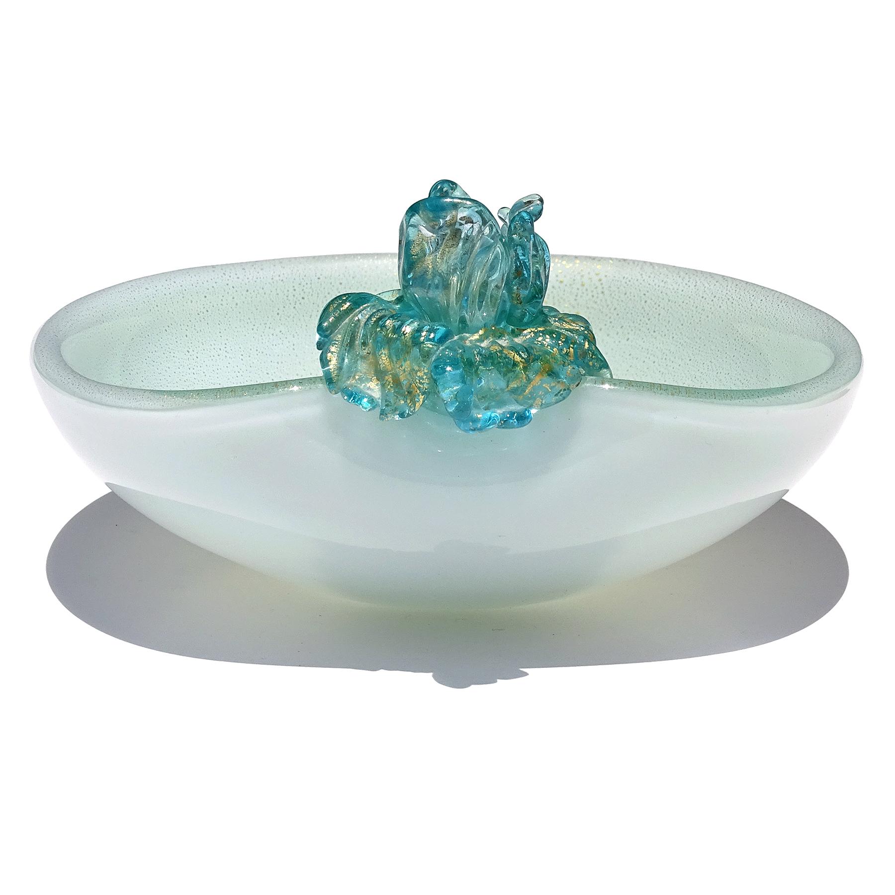 Seguso Murano Blue Applied Flower Gold Flecks Italian Art Glass Decorative Bowl In Good Condition In Kissimmee, FL