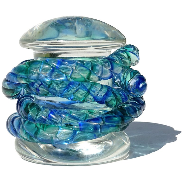 Beautiful, vintage Murano hand blown clear glass and blue green rope Italian art glass nautical paperweight sculpture. Documented to designer Archimede Seguso, and fully signed underneath. It also has a clear 