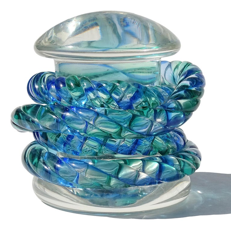 Hand-Crafted Seguso Murano Blue Green Rope Italian Art Glass Sailing Nautical Paperweight