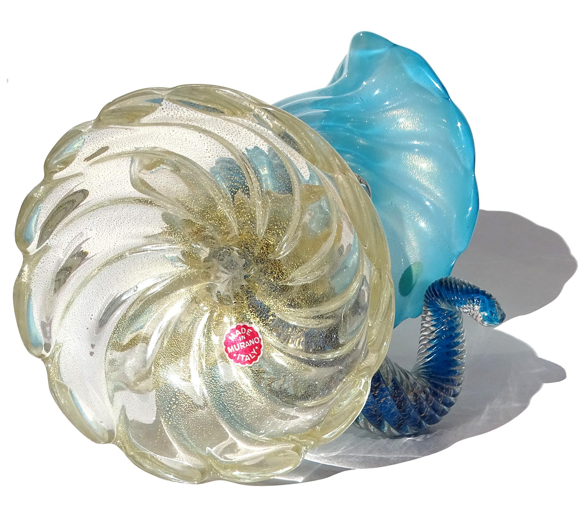 Seguso Murano Blue Opalescent Gold Flecks Base Italian Art Glass Flower Vase For Sale 5