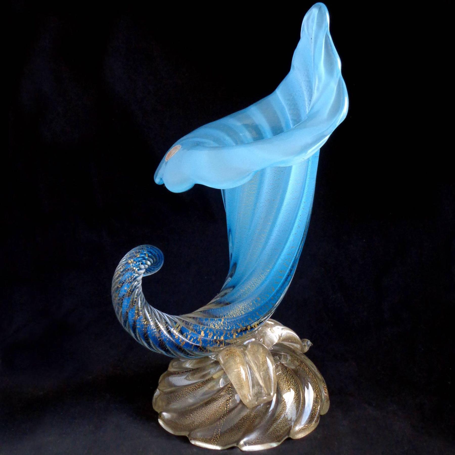 Mid-Century Modern Seguso Murano Blue Opalescent Gold Flecks Base Italian Art Glass Flower Vase For Sale