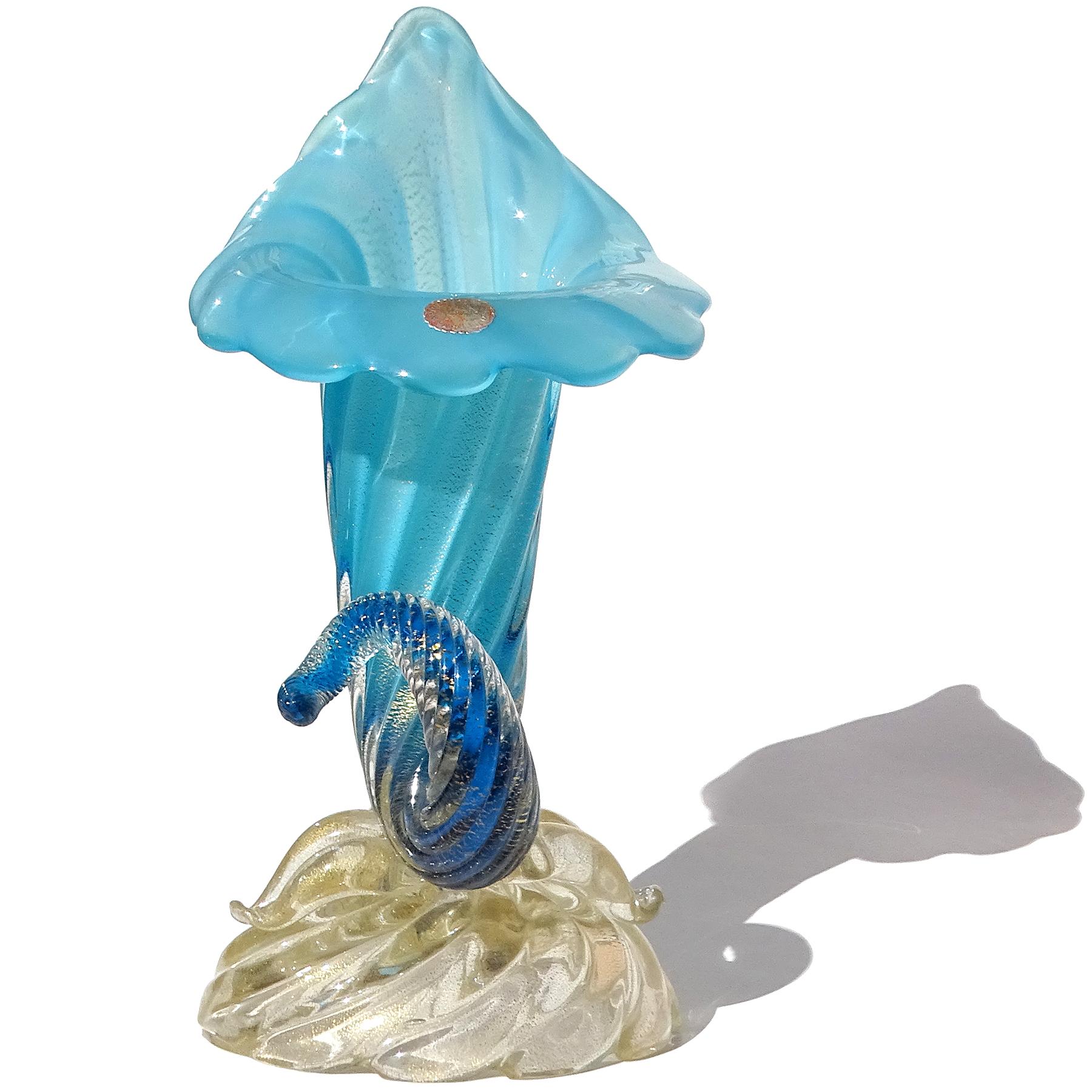 Hand-Crafted Seguso Murano Blue Opalescent Gold Flecks Base Italian Art Glass Flower Vase For Sale