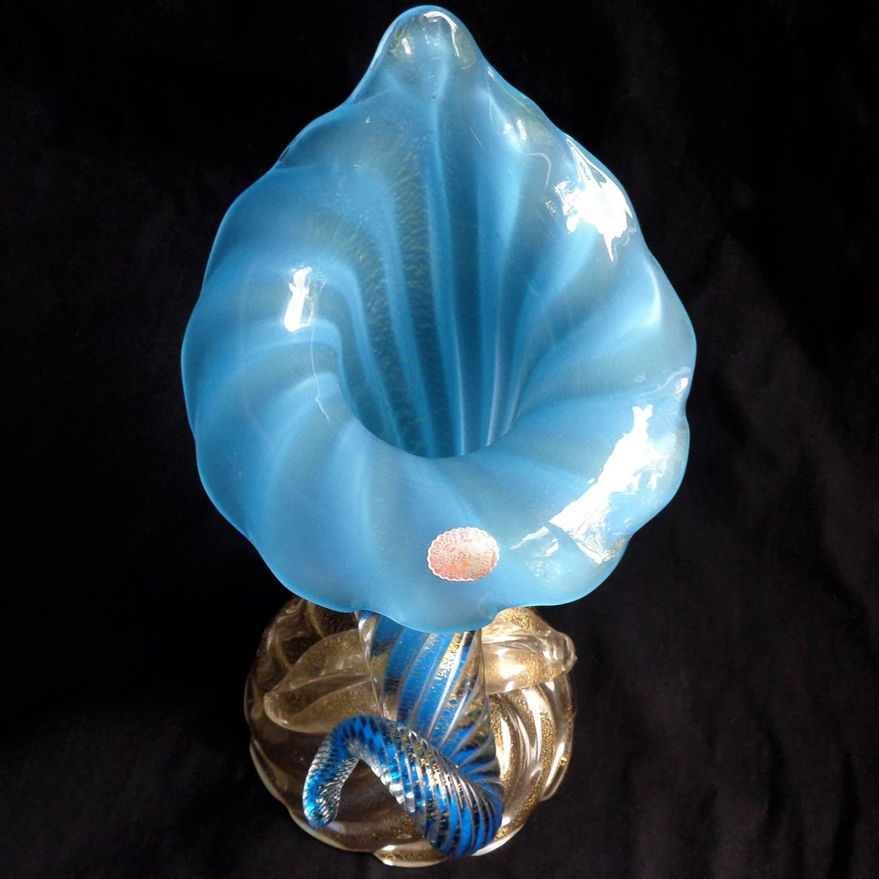 20th Century Seguso Murano Blue Opalescent Gold Flecks Base Italian Art Glass Flower Vase For Sale